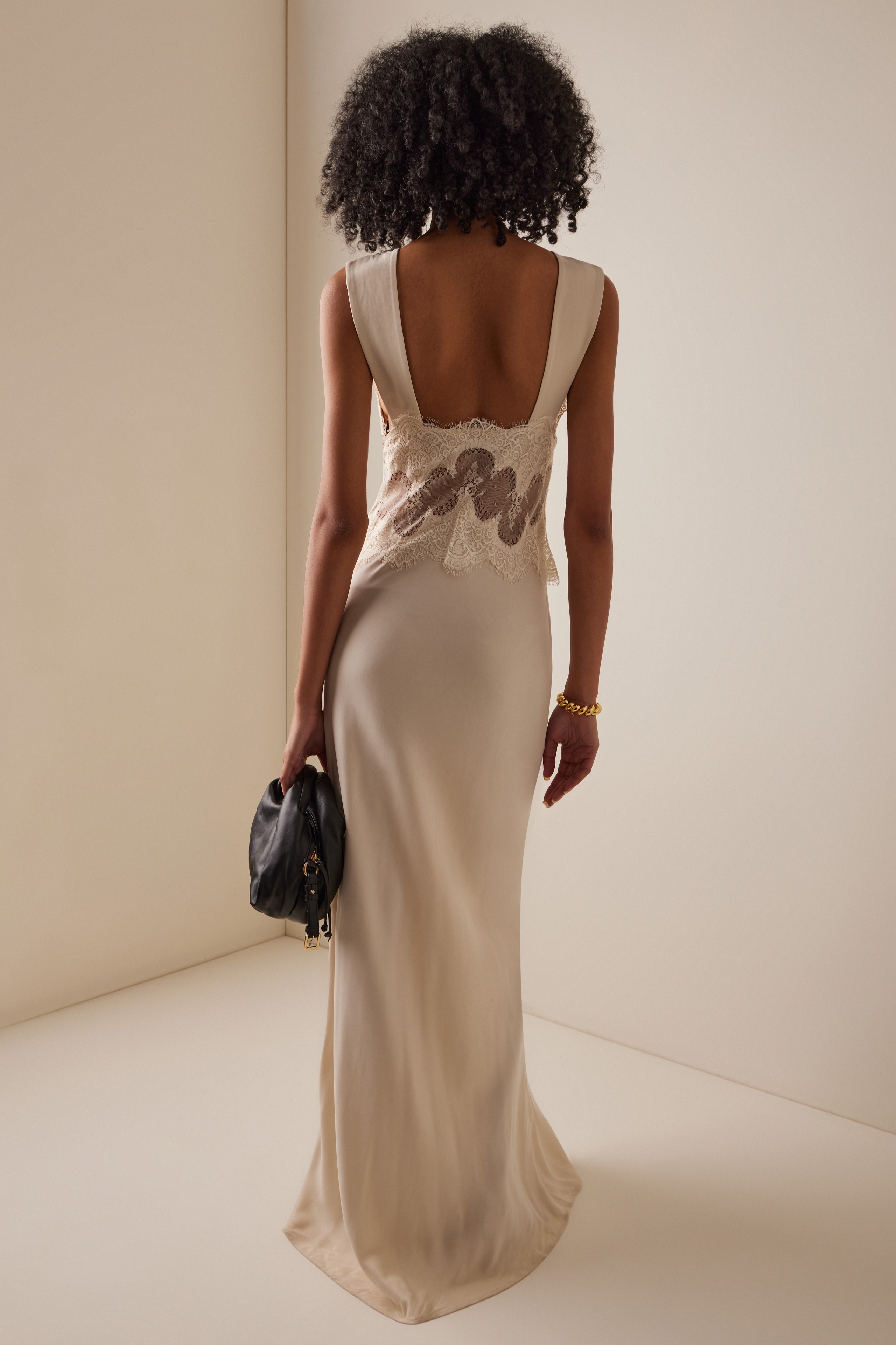 Lace Splicing Satin  V-Neck Maxi Dress