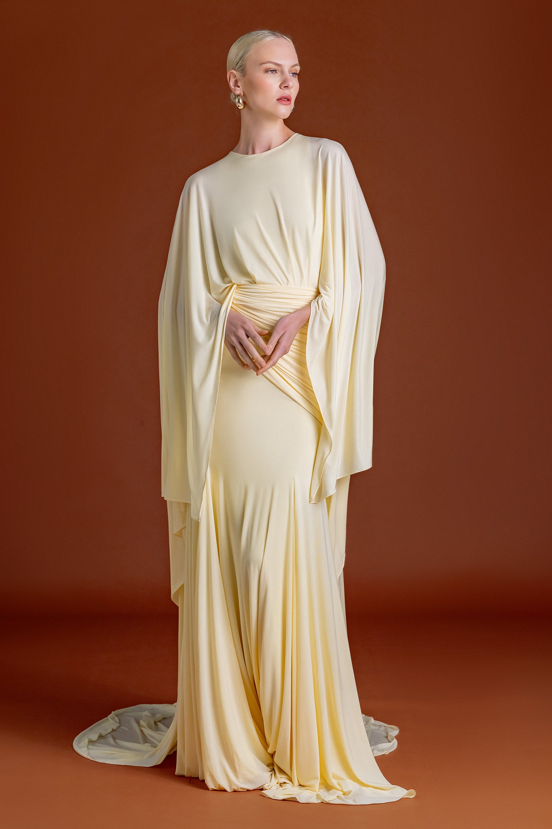 Ruched Solid Cape Sleeve Maxi Dress