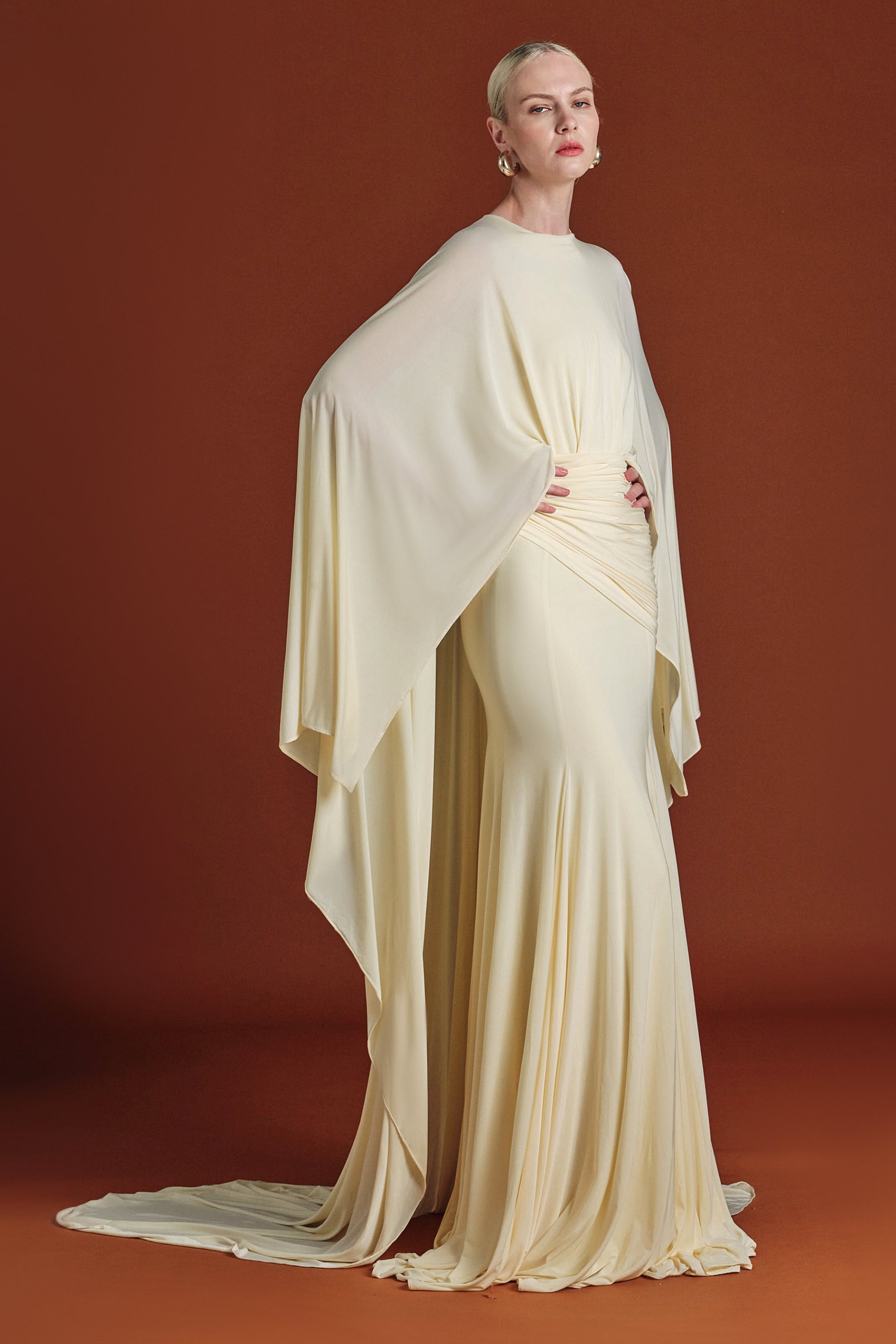 Ruched Solid Cape Sleeve Maxi Dress