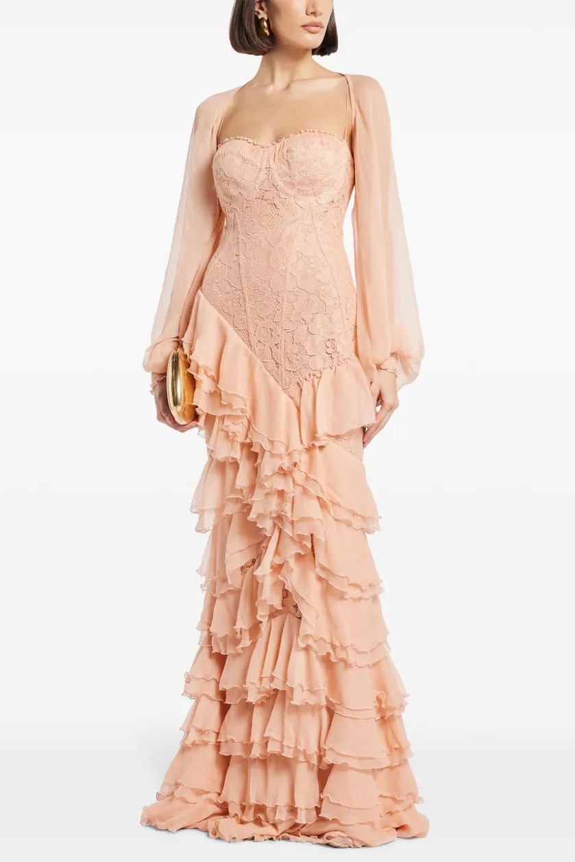 Lace Ruffle Sweetheart Neck Maxi Dress