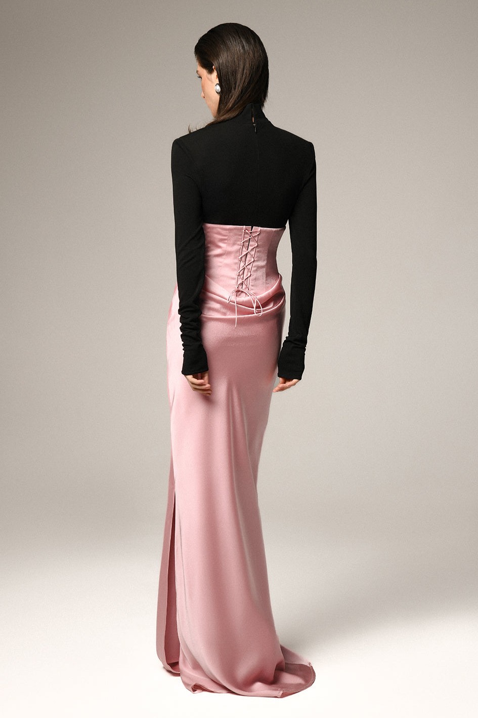 Contrast Color Satin Long Sleeve Maxi Dress