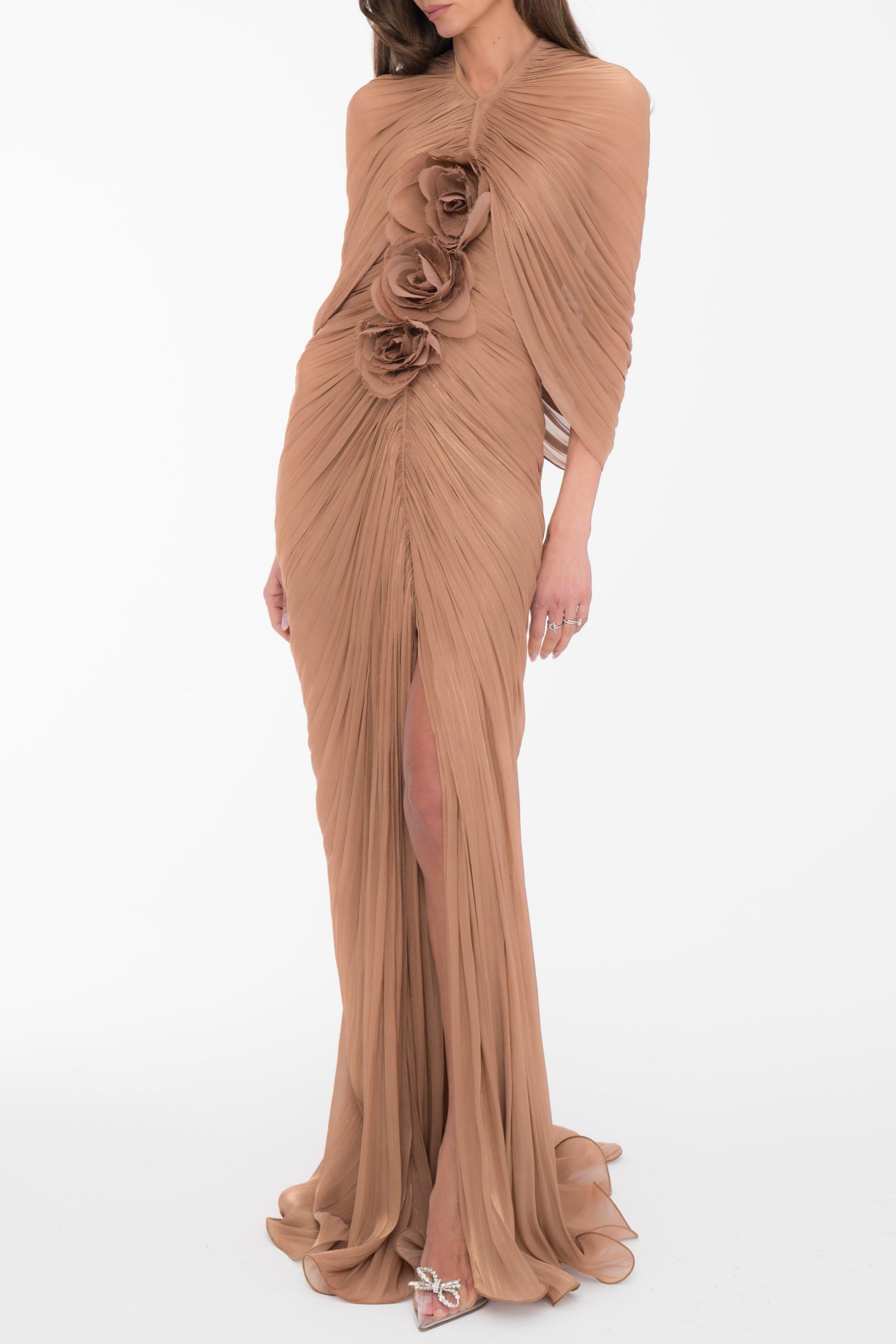 3D Flower Gathering Maxi Dress With Cape
