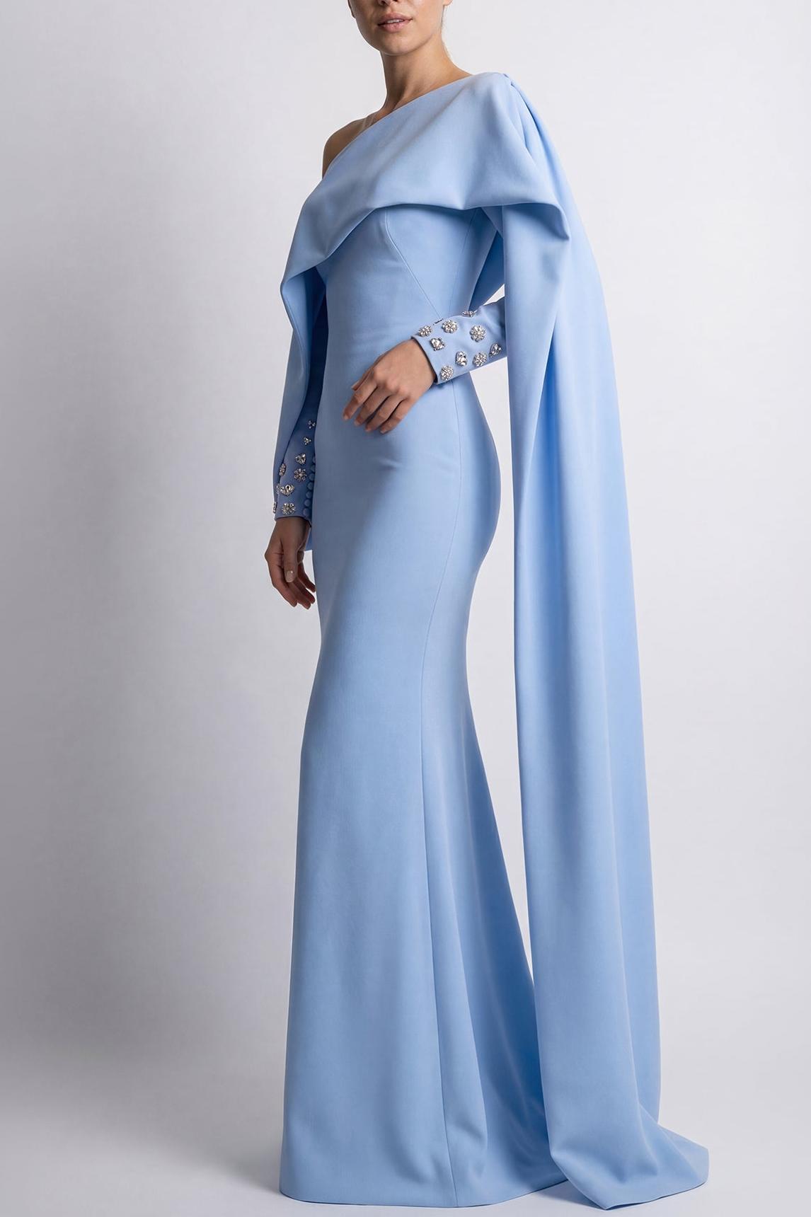 Rhinestone Rivets One Shoulder Asymmetrical Cape Maxi Dress