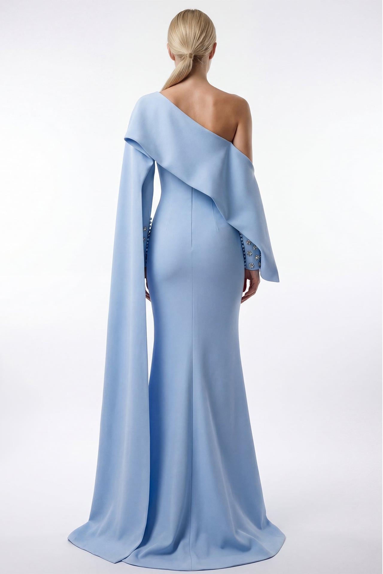 Rhinestone Rivets One Shoulder Asymmetrical Cape Maxi Dress
