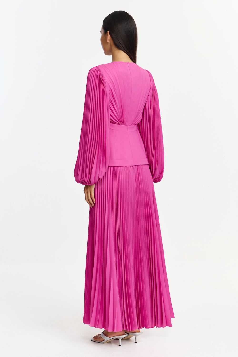 3D Flower Pleat Long Sleeve Midi Dress