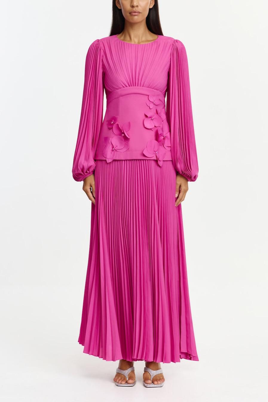 3D Flower Pleat Long Sleeve Midi Dress