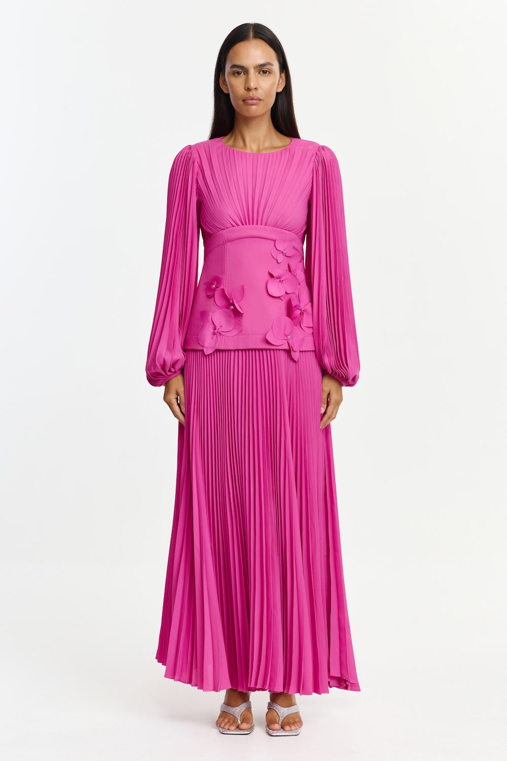 3D Flower Pleat Long Sleeve Midi Dress