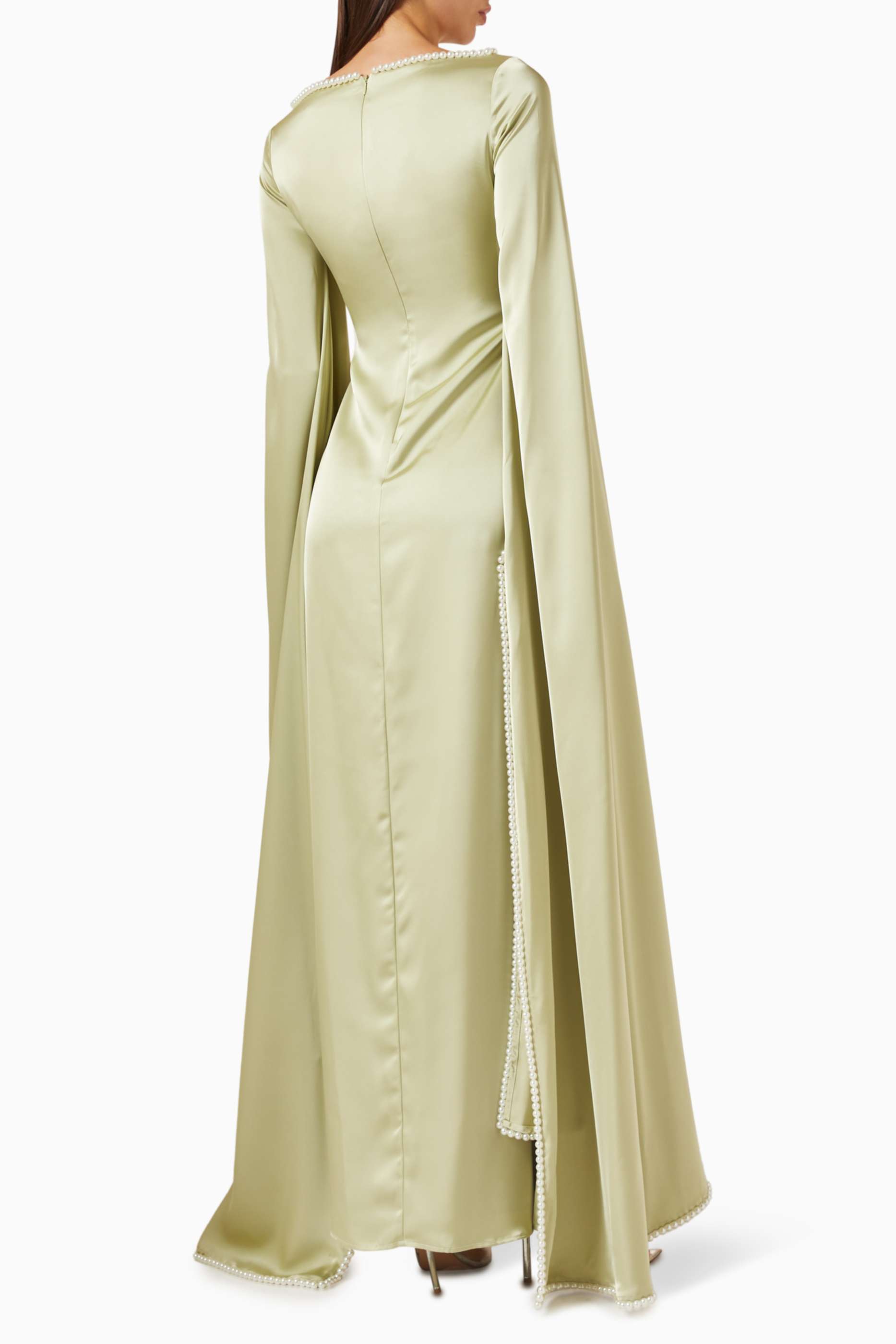 Satin Pearl Embellished Gown Midi Dress