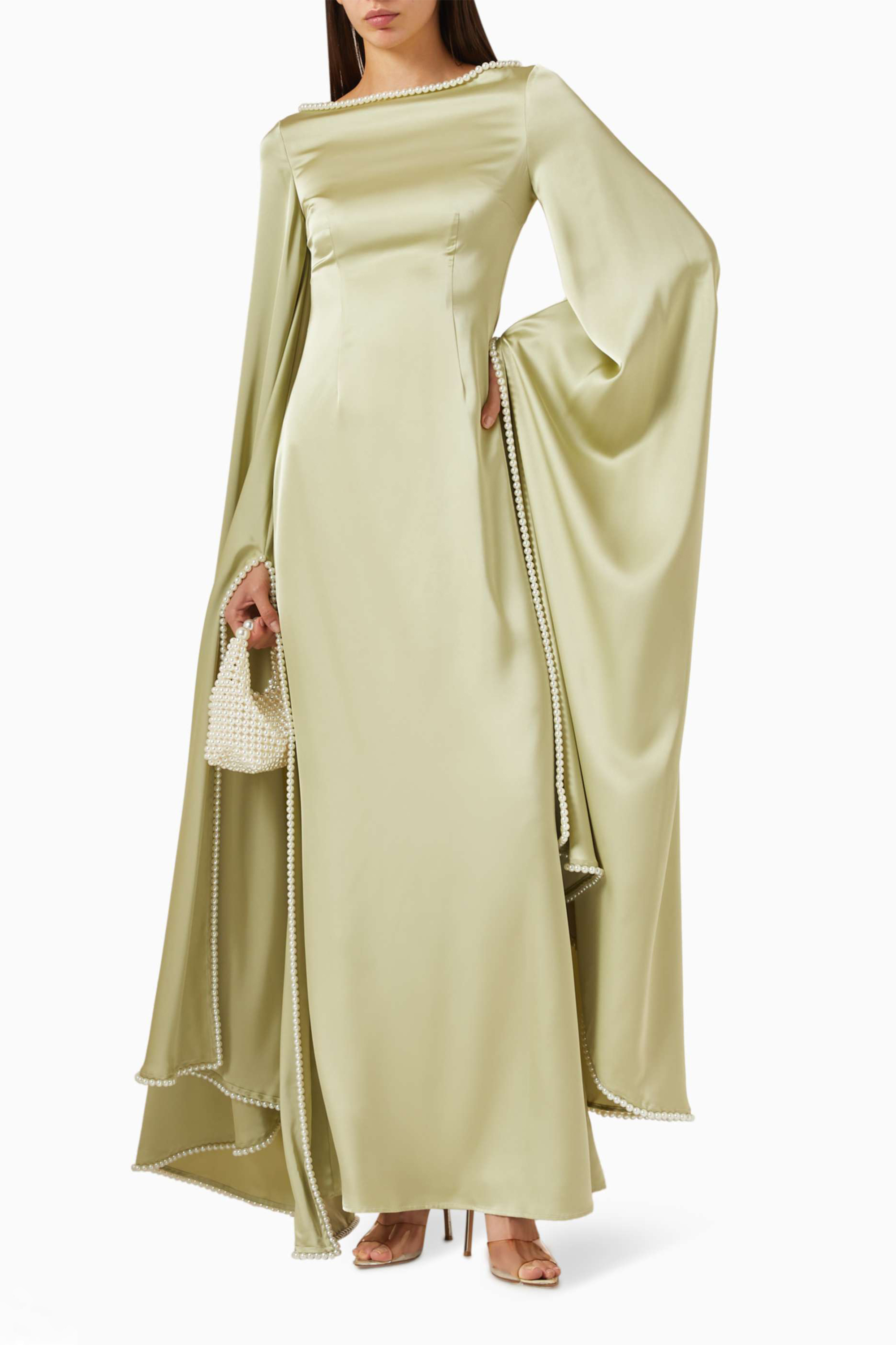 Satin Pearl Embellished Gown Midi Dress