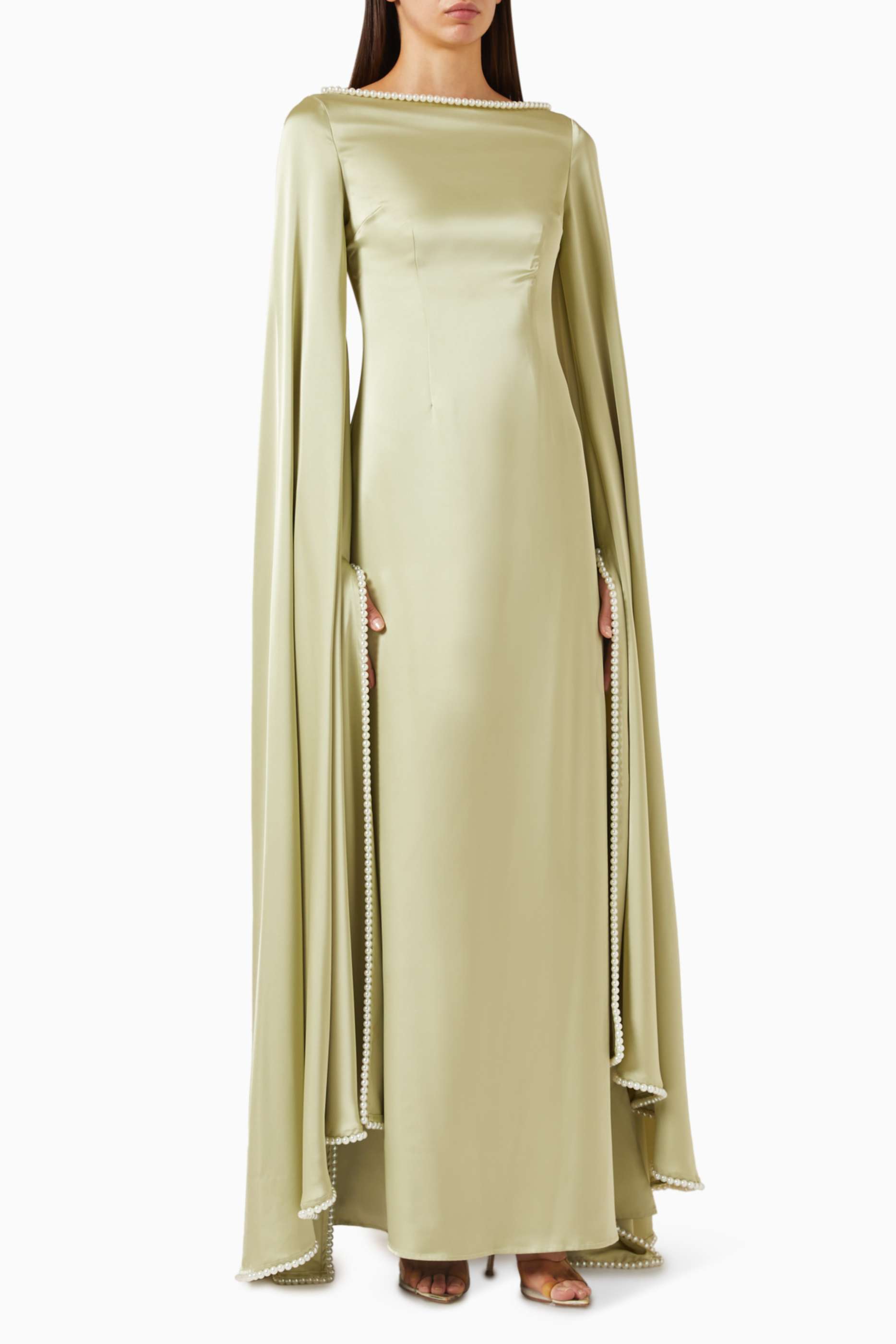 Satin Pearl Embellished Gown Midi Dress