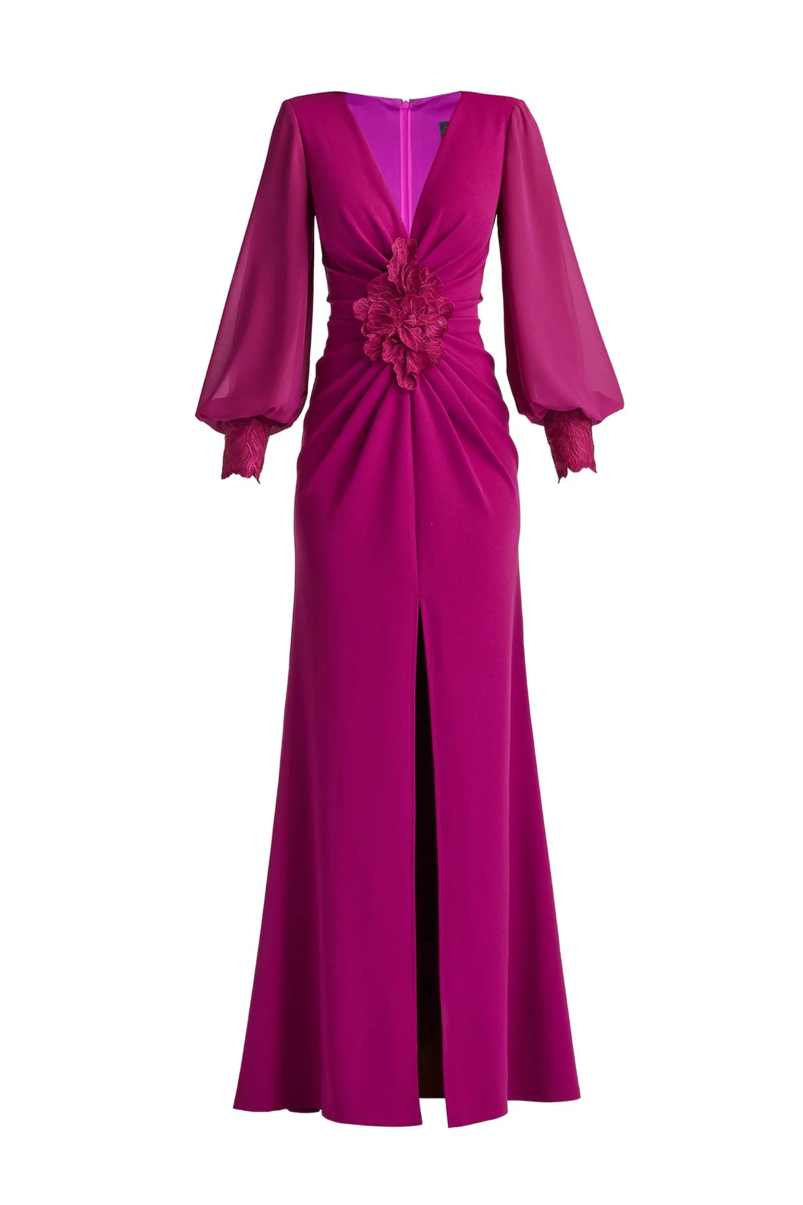 3D Flower Pleated Lantern Sleeve Maxi Dress