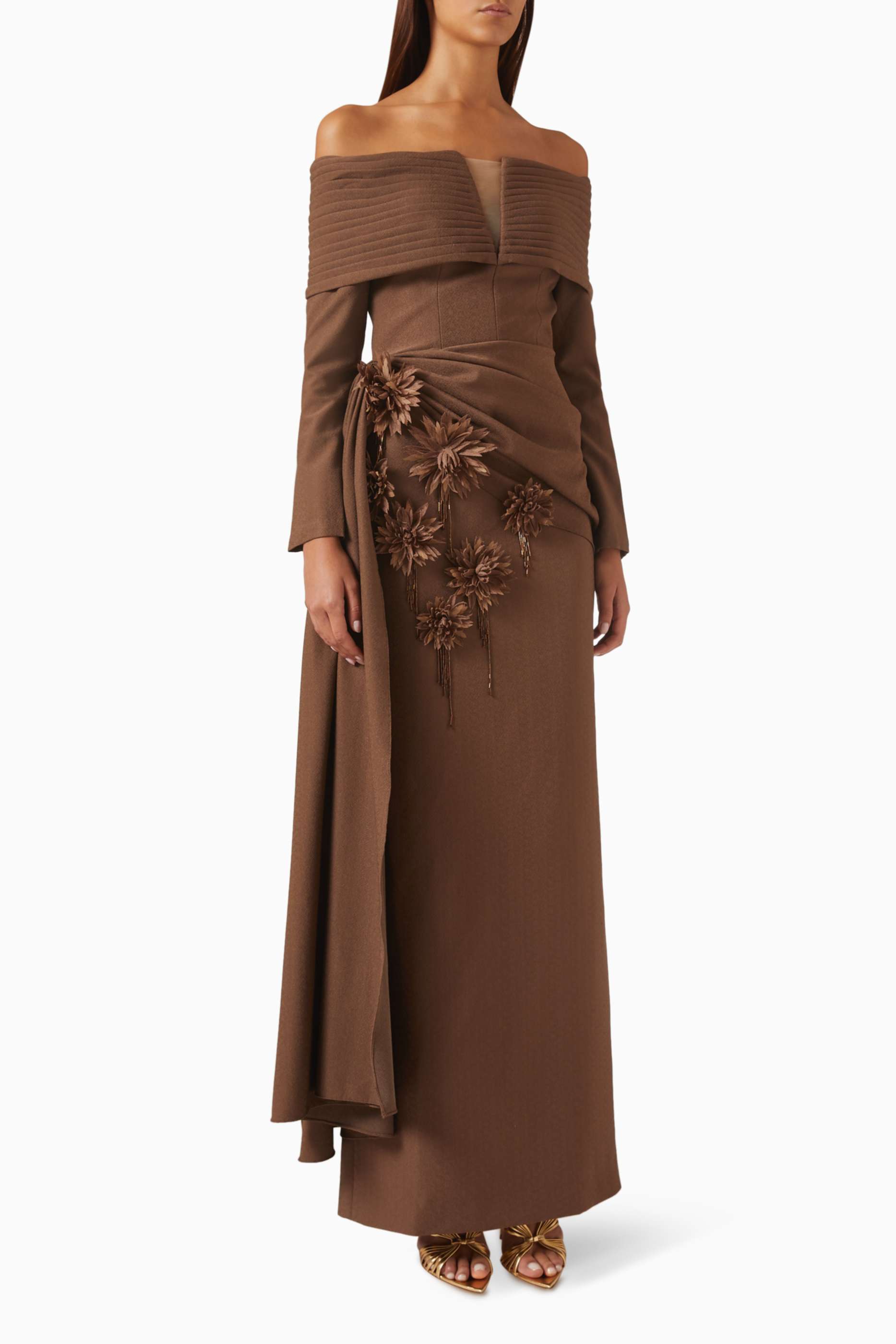 3D Flower Off Shoulder Pleated Maxi Dress