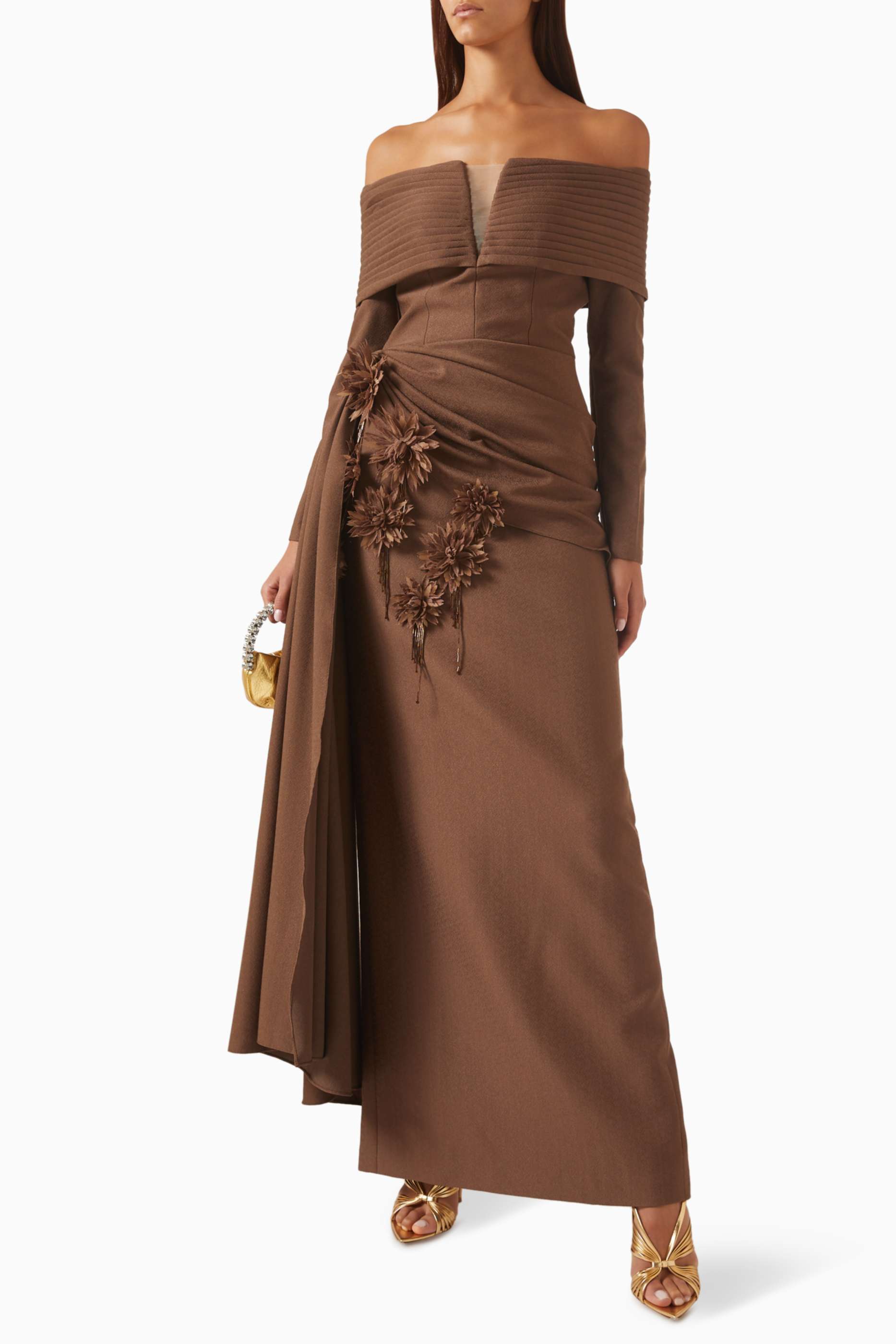 3D Flower Off Shoulder Pleated Maxi Dress