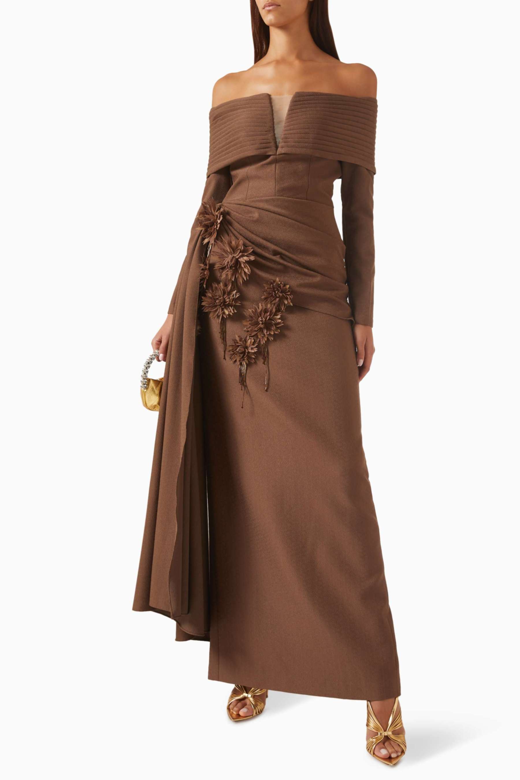 3D Flower Off Shoulder Pleated Maxi Dress