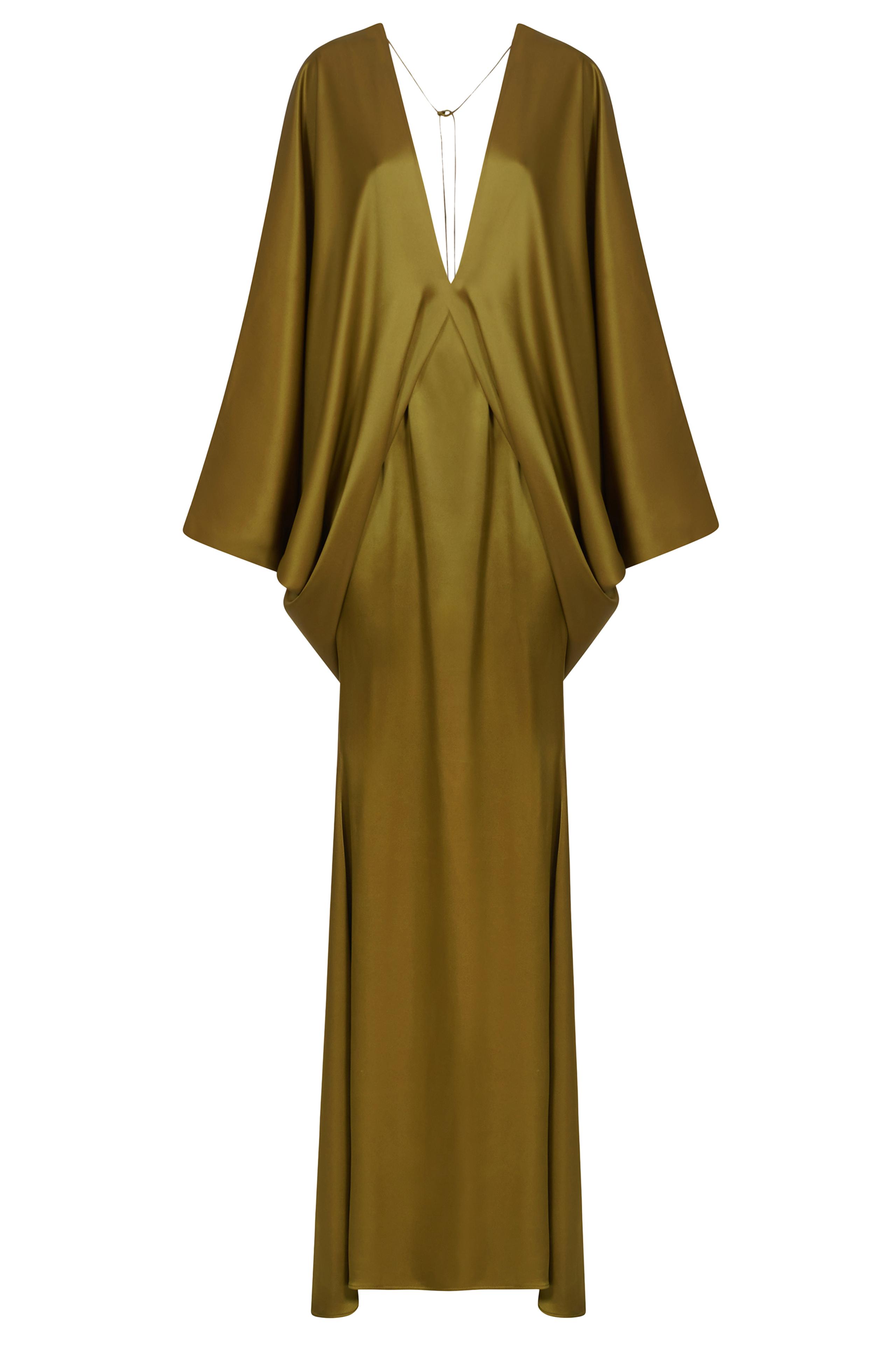 Satin Batwing Sleeve Lace-Up Maxi Dress