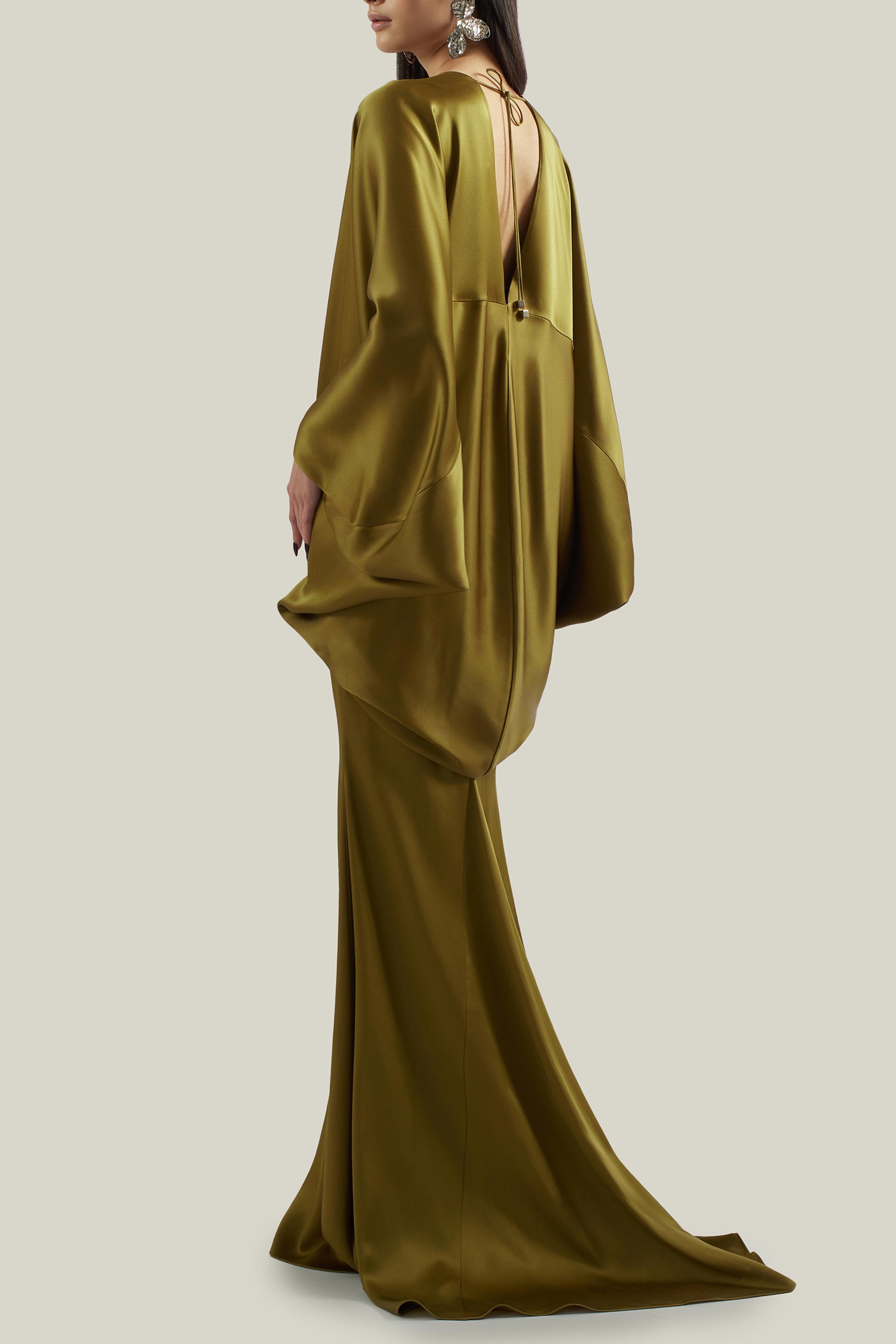 Satin Batwing Sleeve Lace-Up Maxi Dress