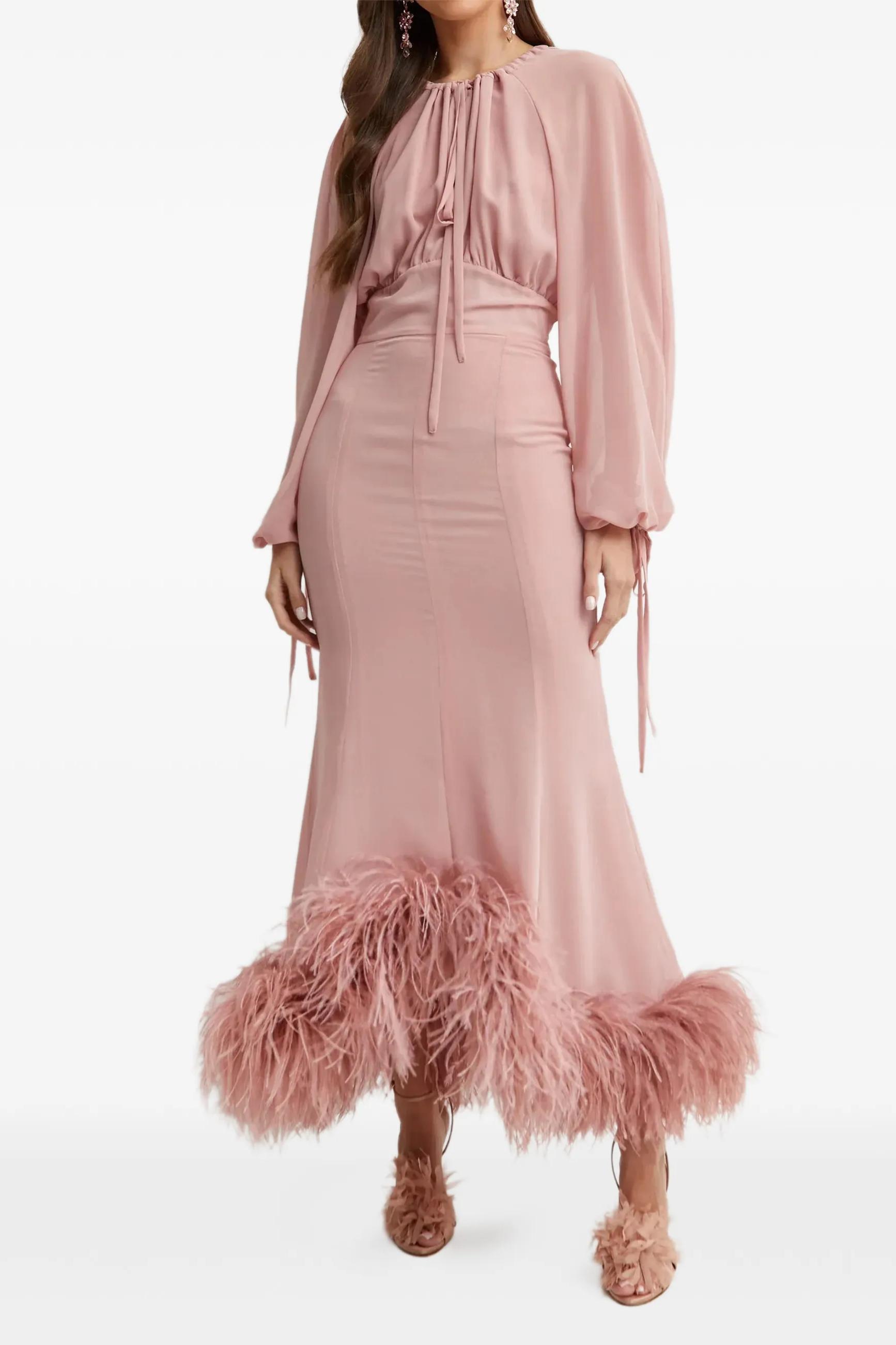 Feather Lace-Up Long Sleeve Midi Dress