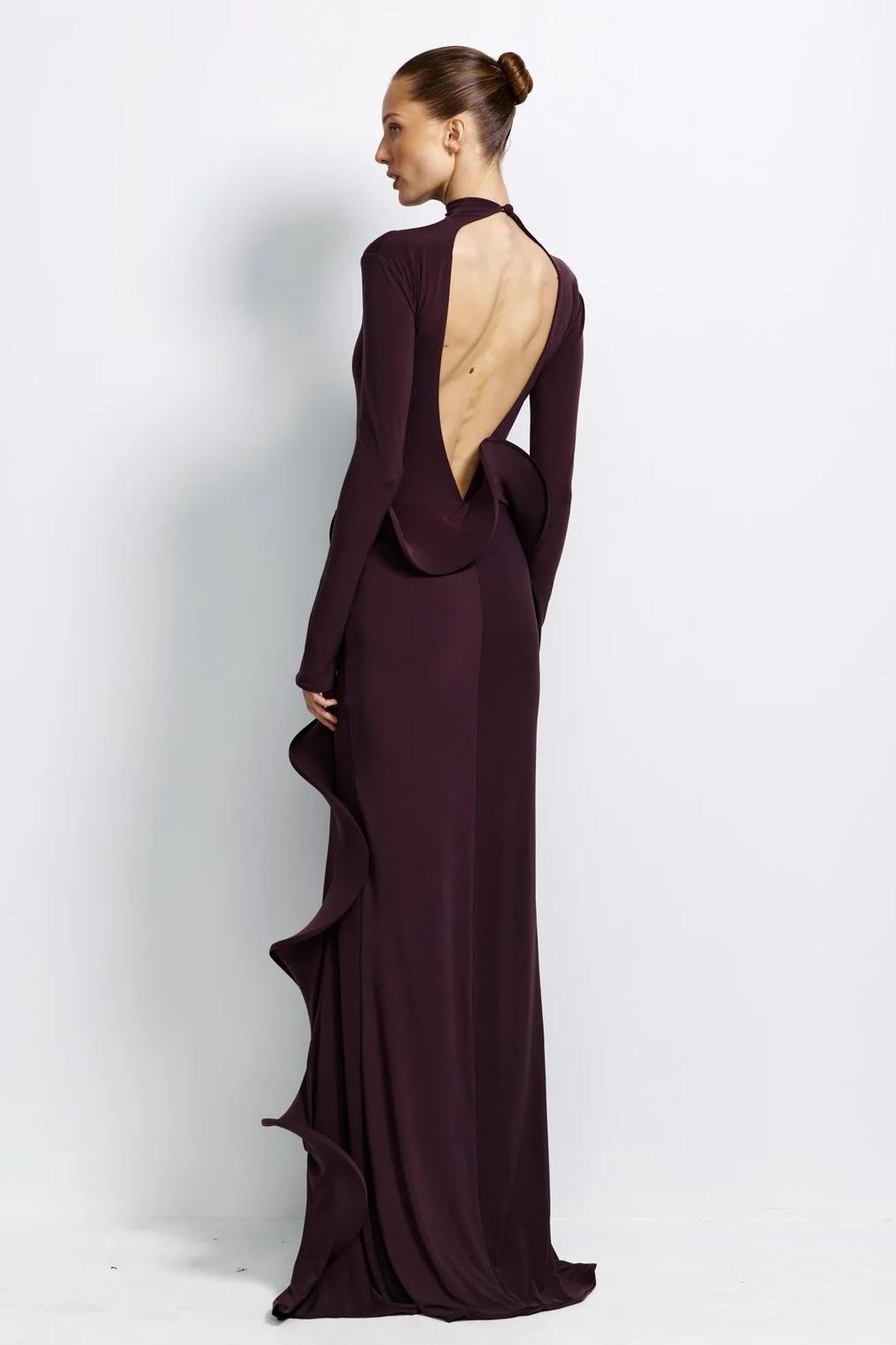 High Neck Ruffle Slit Maxi Dress
