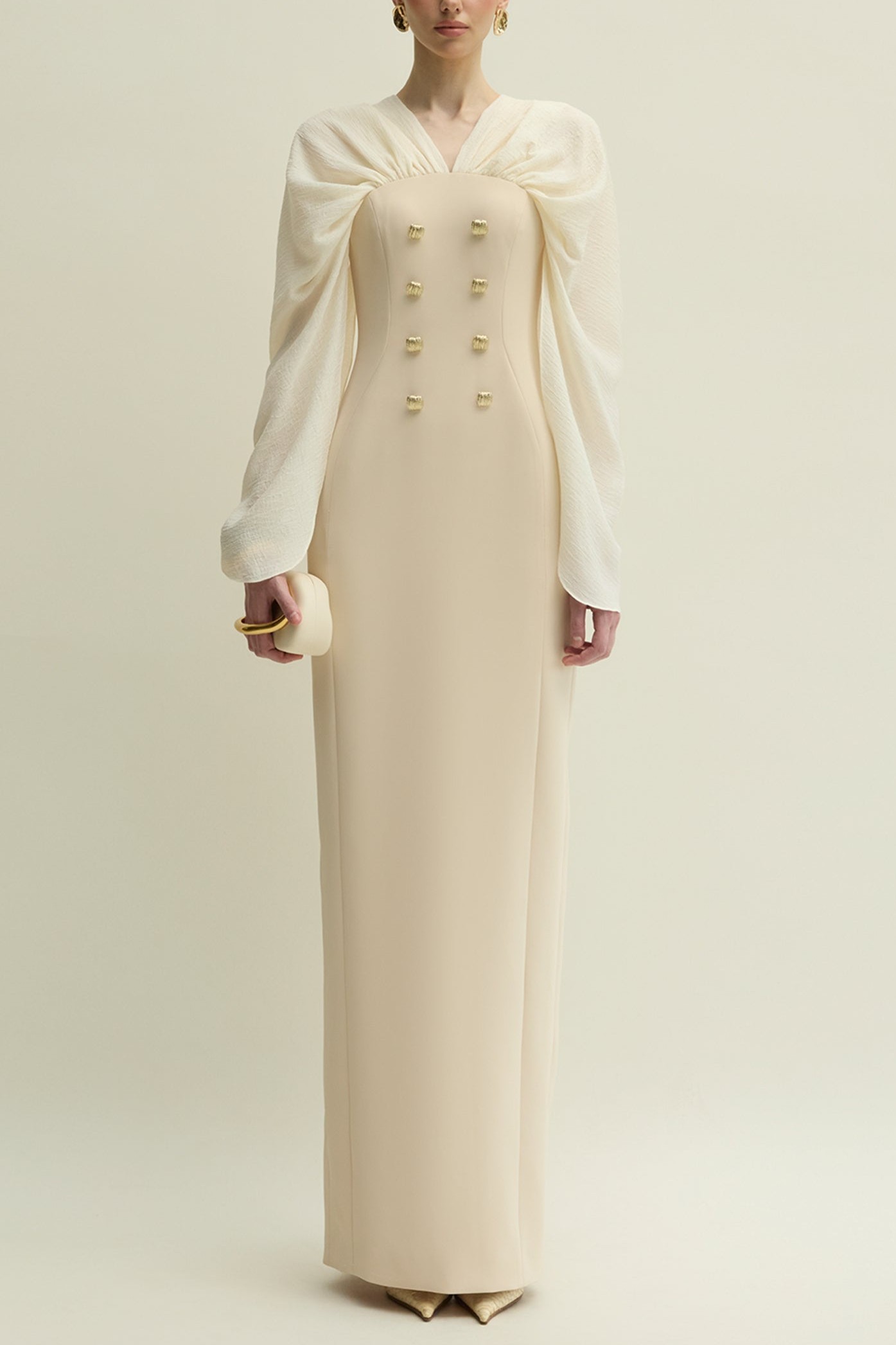 Metal Button Ruched Split Sleeve Maxi Dress