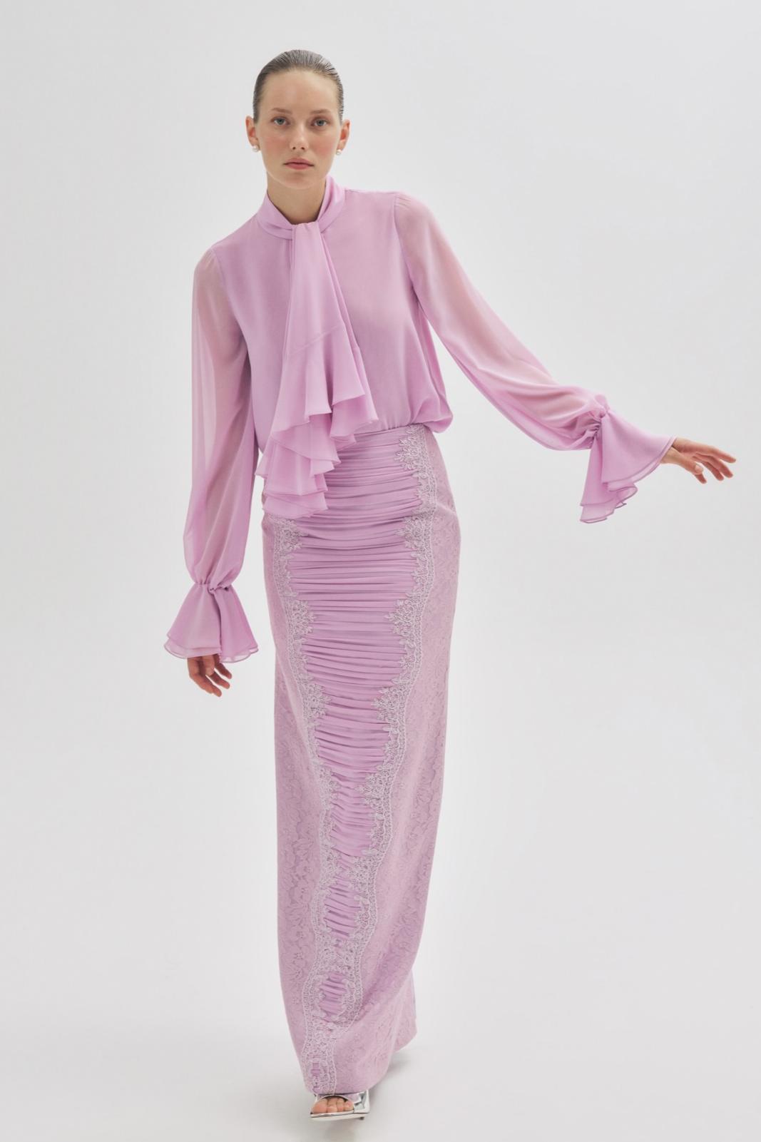 Ruffle Top & Lace Pleated Maxi Skirt Set