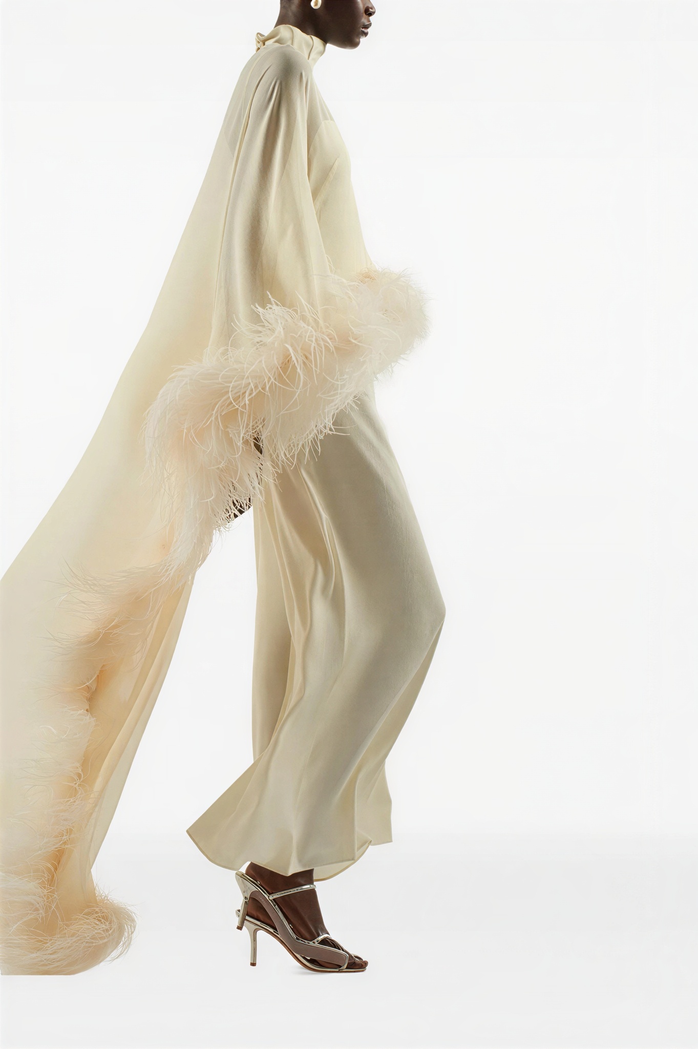 Slip Midi Dress With High Neck Feather Cape