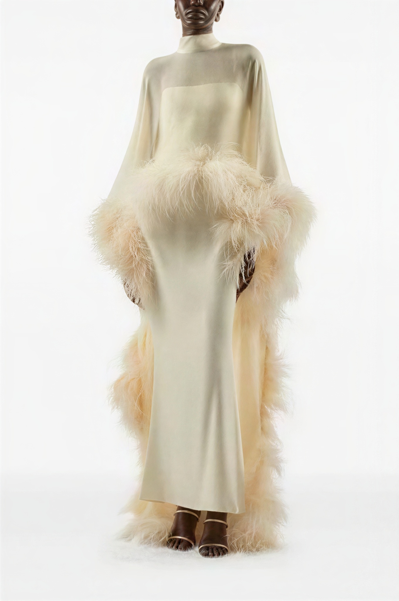 Slip Midi Dress With High Neck Feather Cape