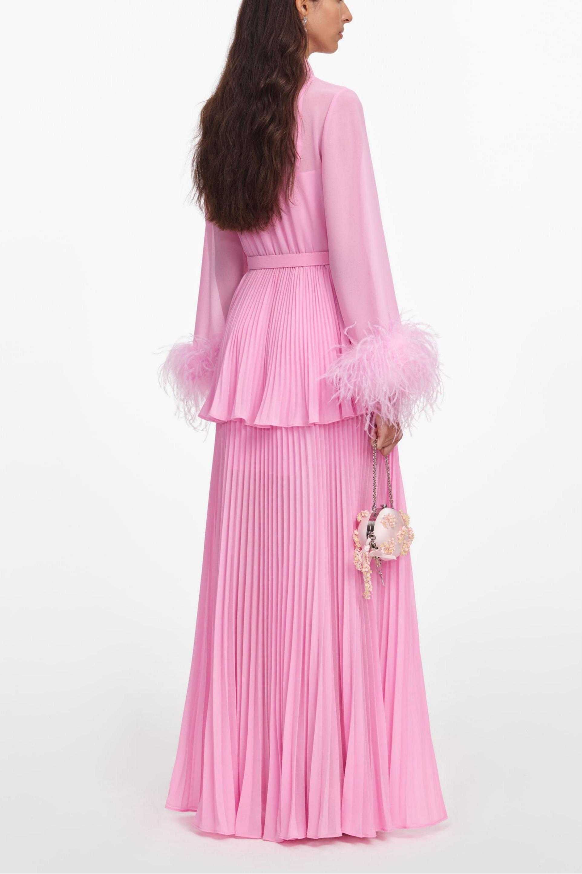 Lace-Up Feather Pleated Maxi Dress