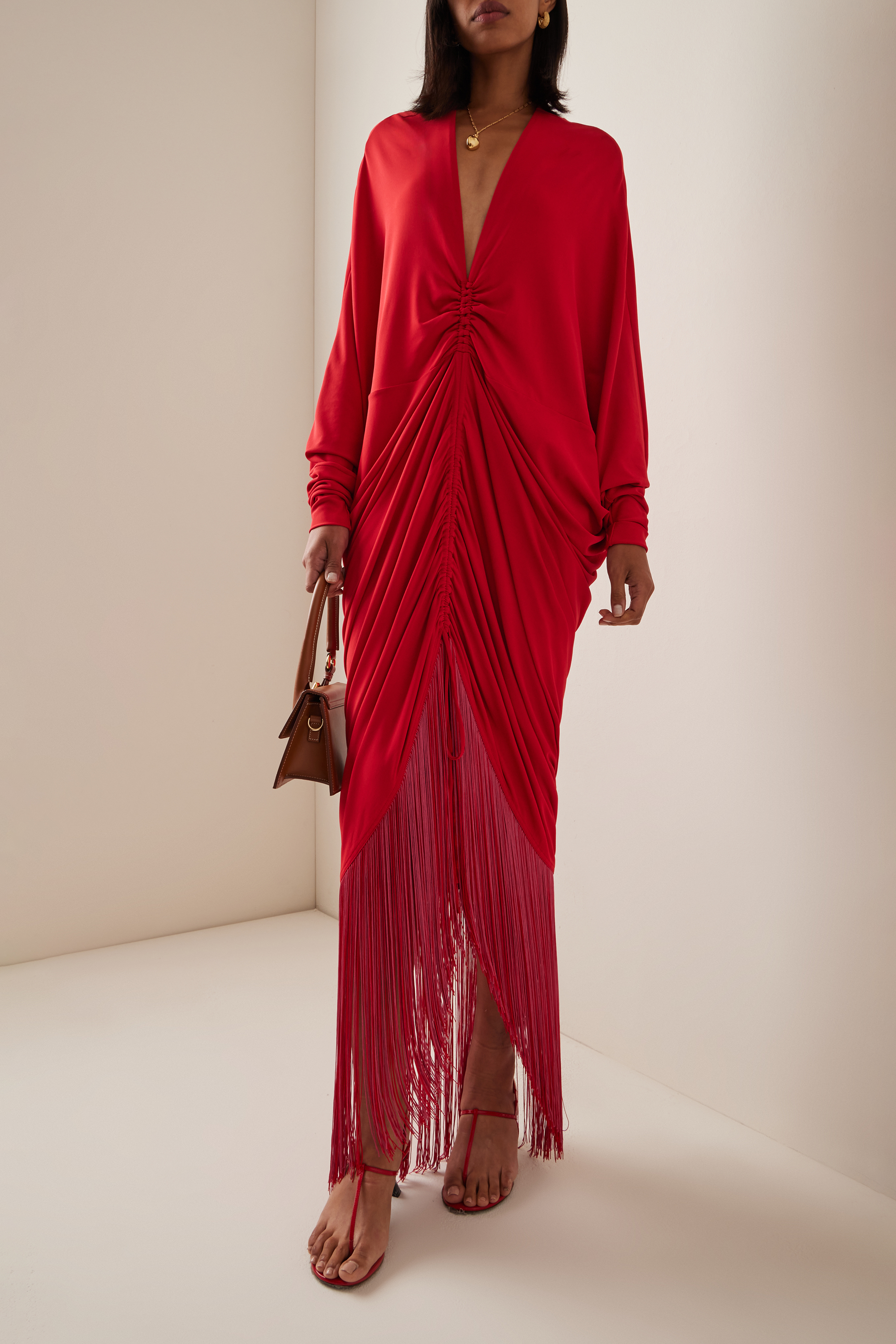 Tassel Shirring Batwing Sleeve Midi Dress