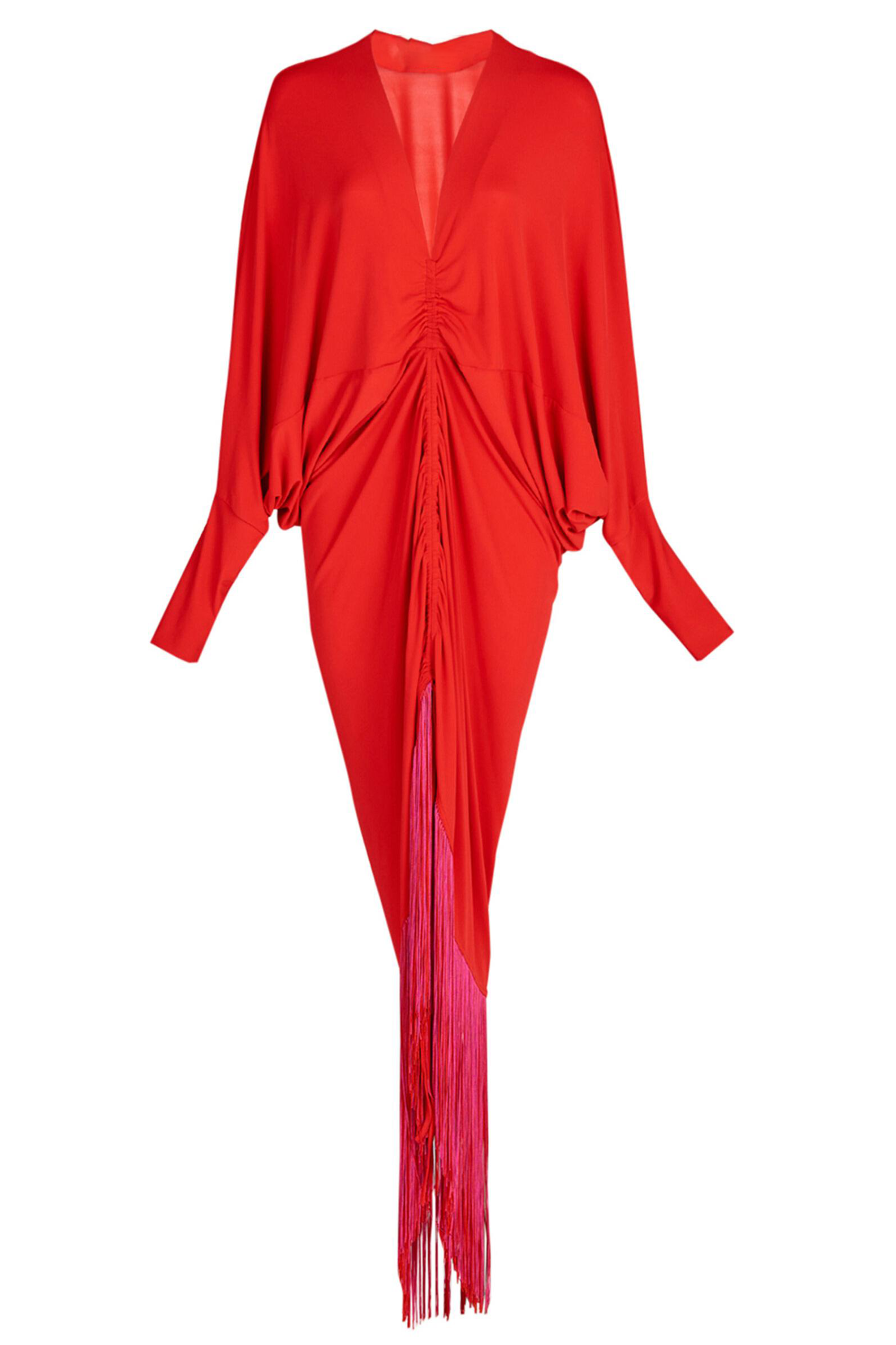 Tassel Shirring Batwing Sleeve Midi Dress
