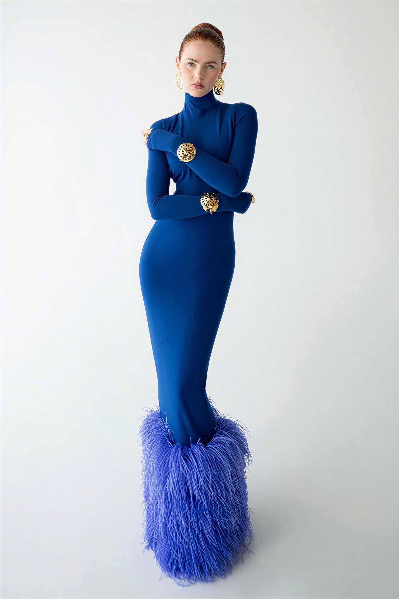 Feather Bodycon High Neck Maxi Dress