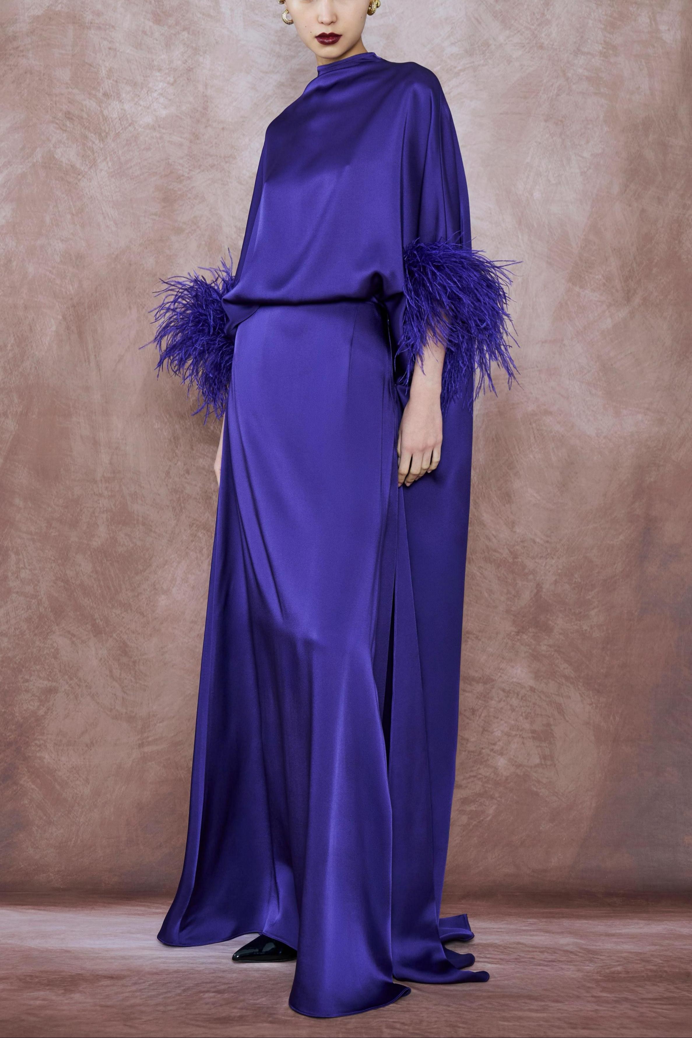 Satin Feather Cape Maxi Dress