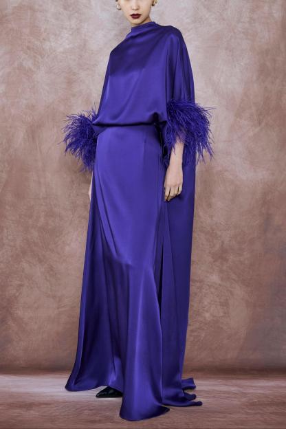 Satin Feather Cape Maxi Dress