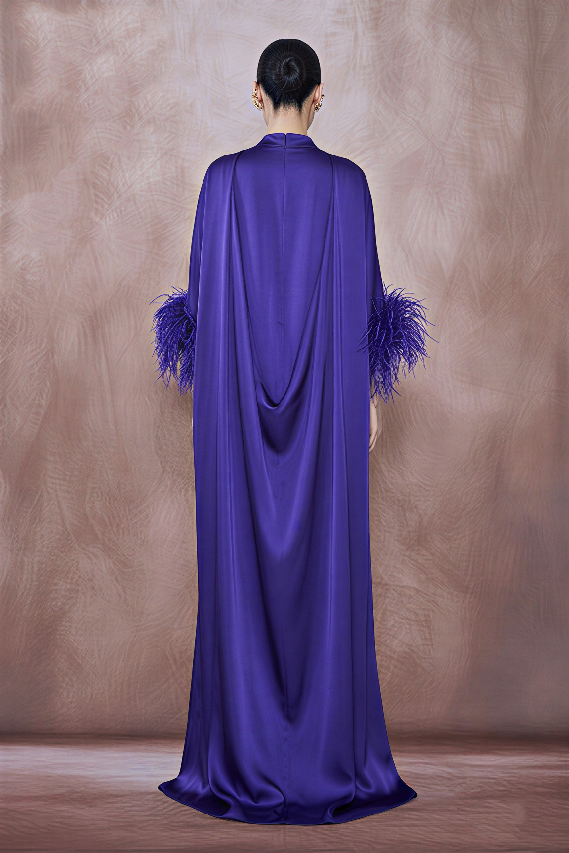 Satin Feather Cape Maxi Dress