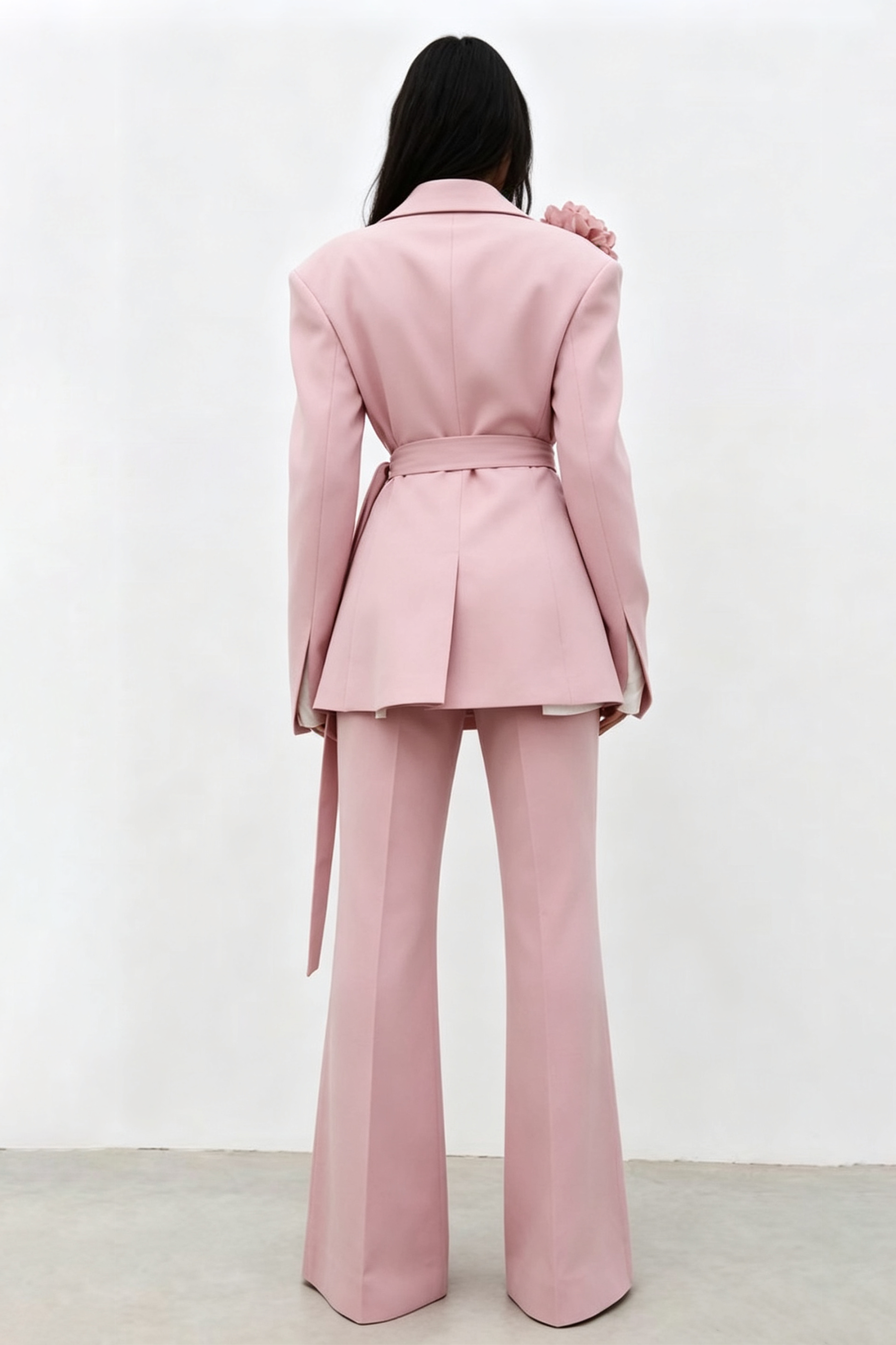 3D Flower Tailored Collar Blazer & High Waist Maxi Skirt Set