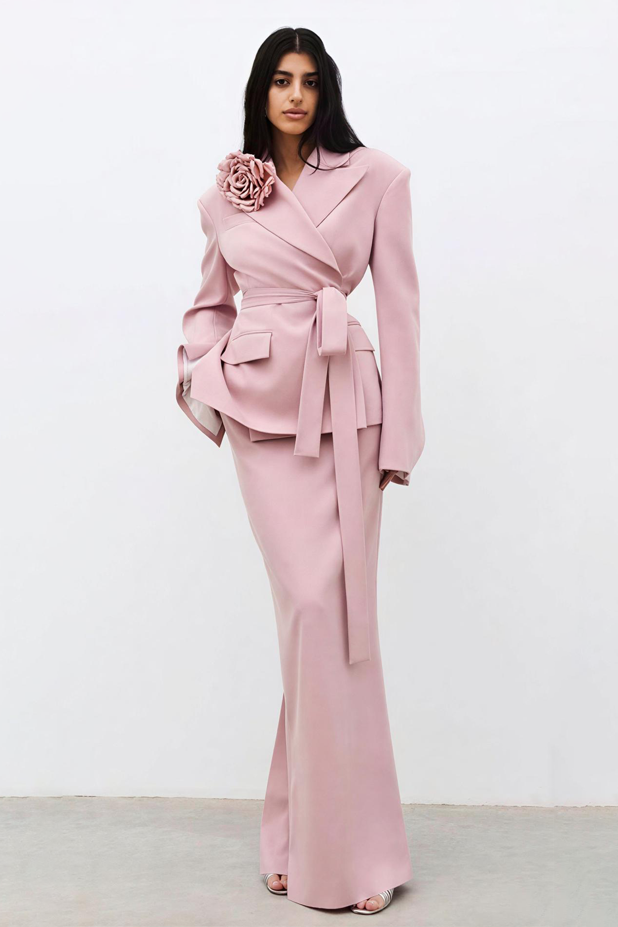 3D Flower Tailored Collar Blazer & High Waist Maxi Skirt Set