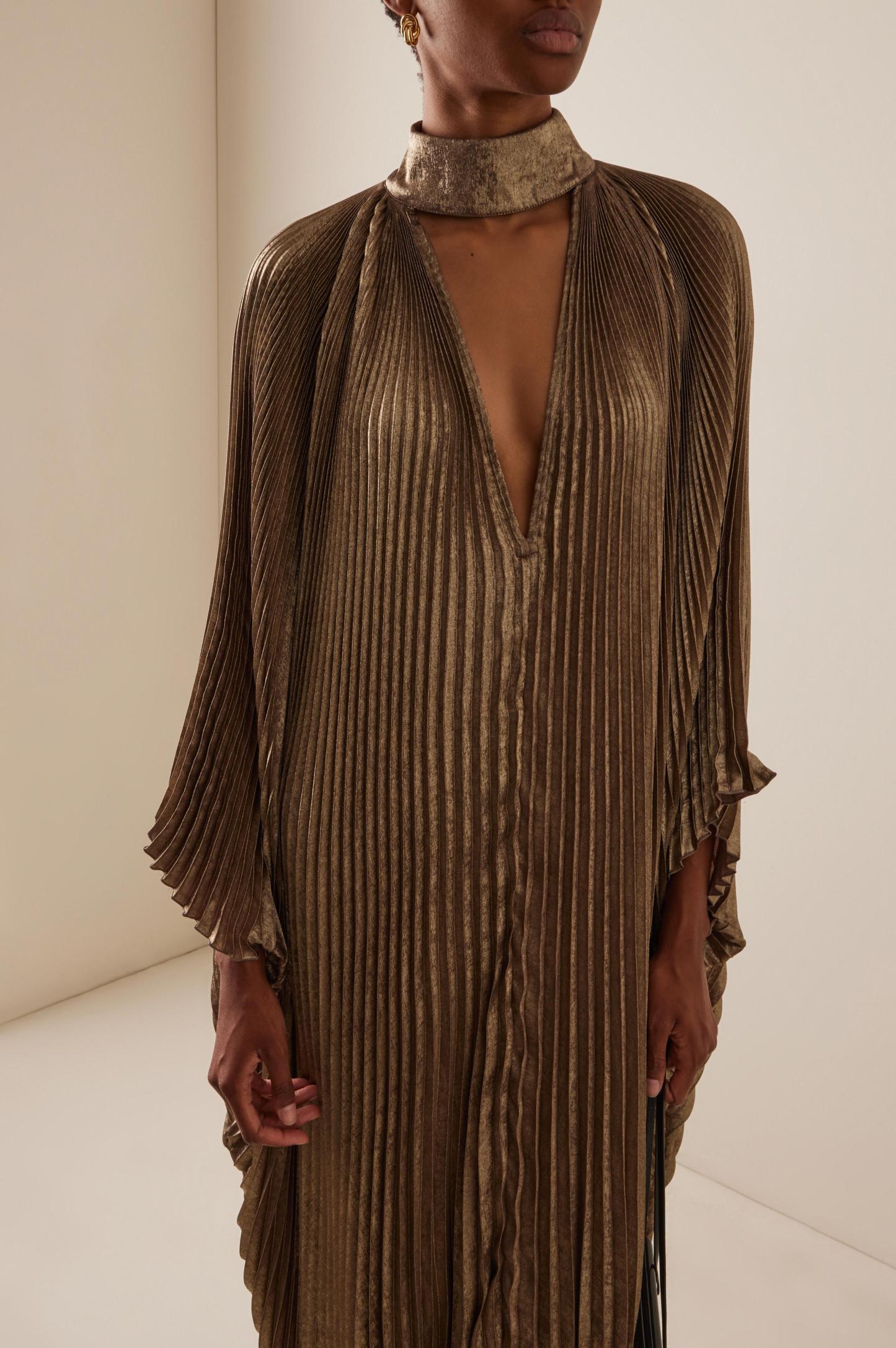 Pleated Batwing Sleeve Ruffle Hem Maxi Dress