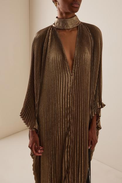 Pleated Batwing Sleeve Ruffle Hem Maxi Dress