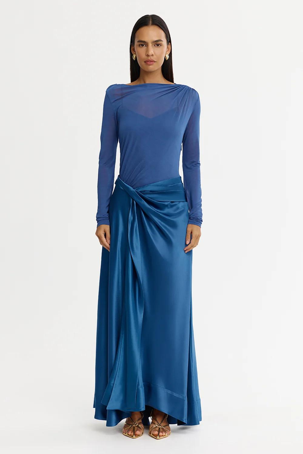 Satin Pleated Boat Neck Maxi Dress