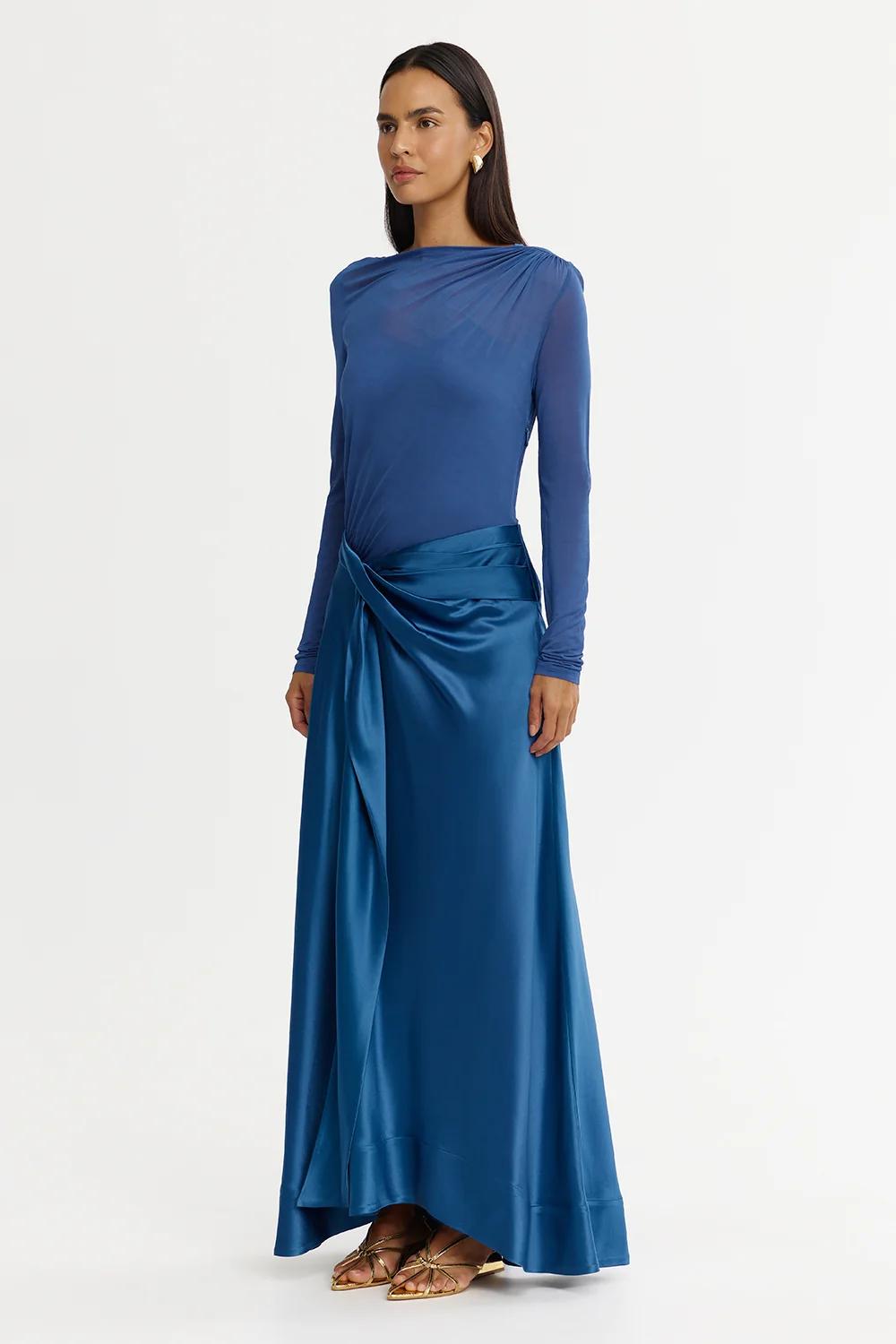Satin Pleated Boat Neck Maxi Dress
