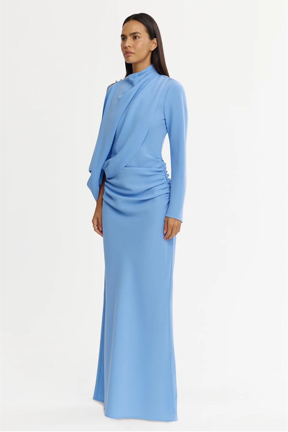 One Shoulder Gathering Maxi Dress With Cape