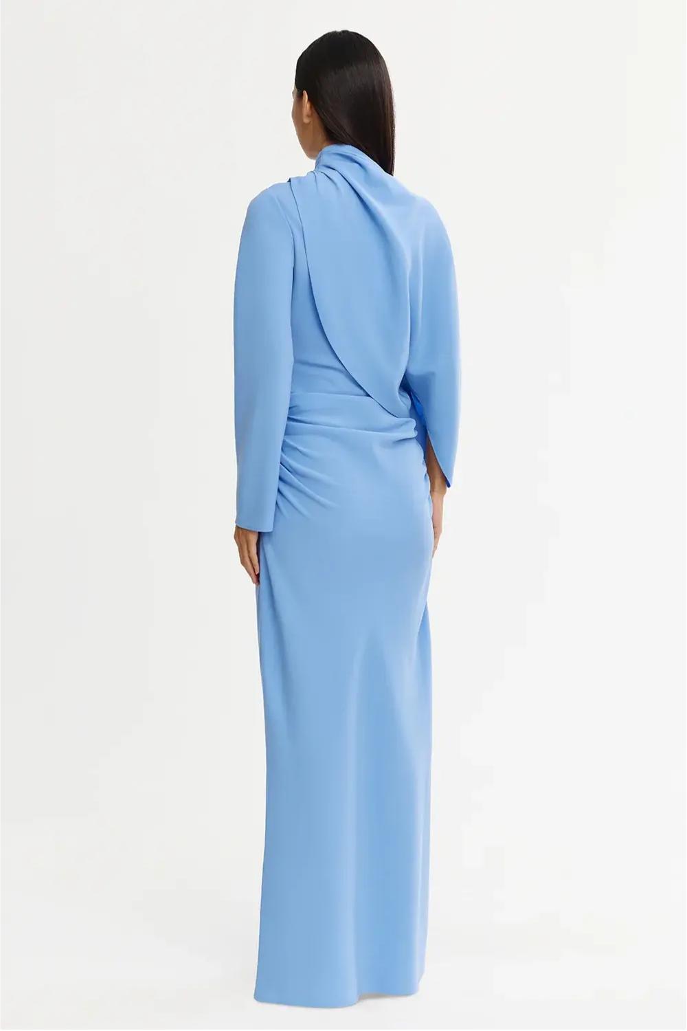 One Shoulder Gathering Maxi Dress With Cape