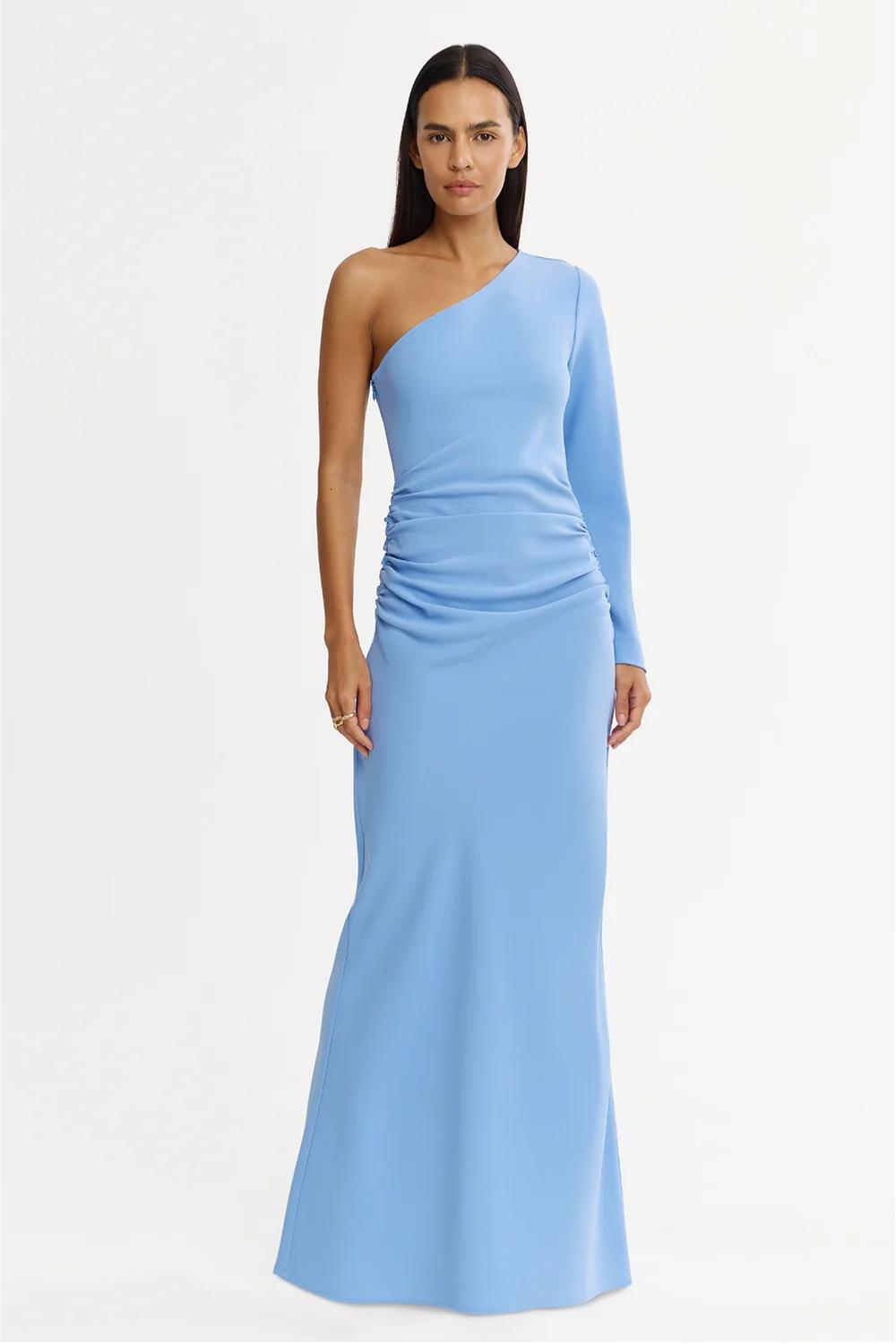 One Shoulder Gathering Maxi Dress With Cape