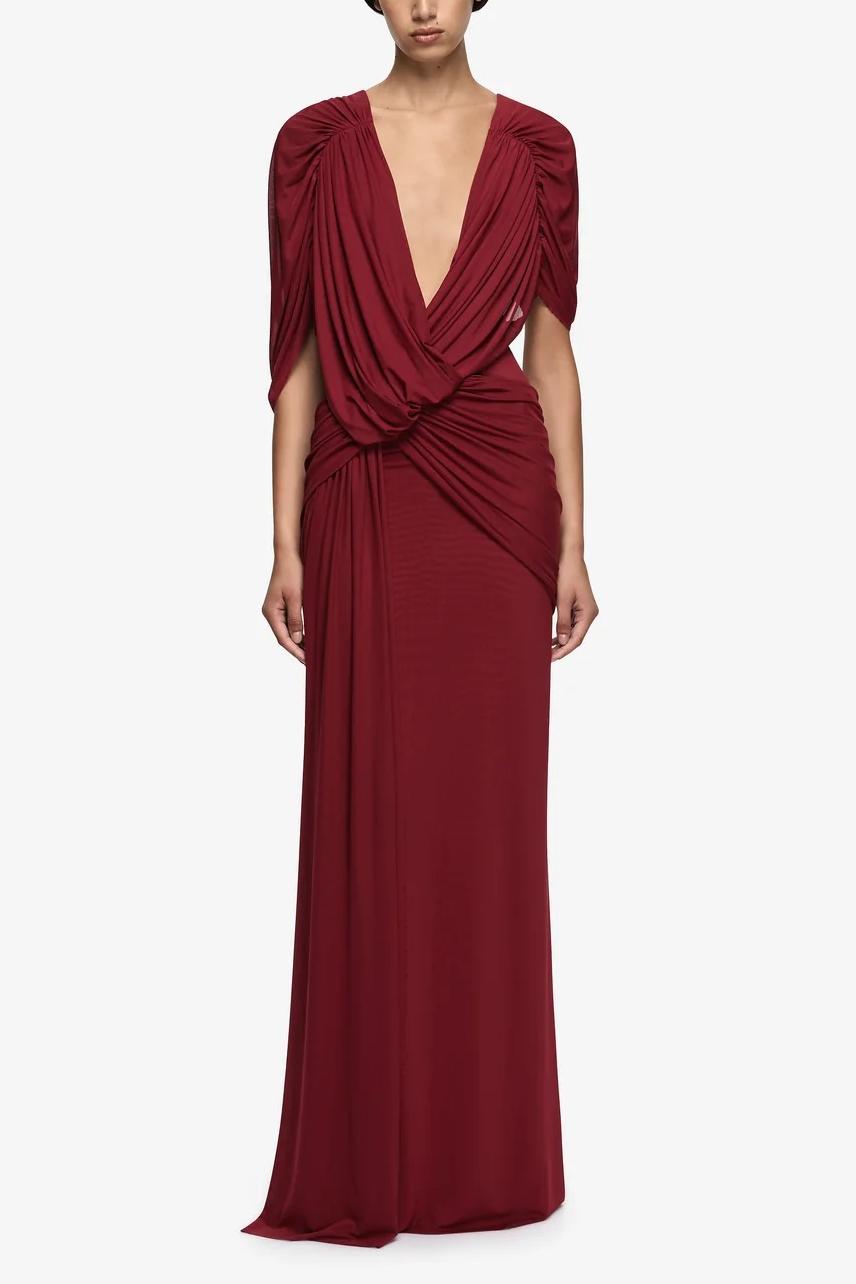 Solid V-Neck Ruched Maxi Dress