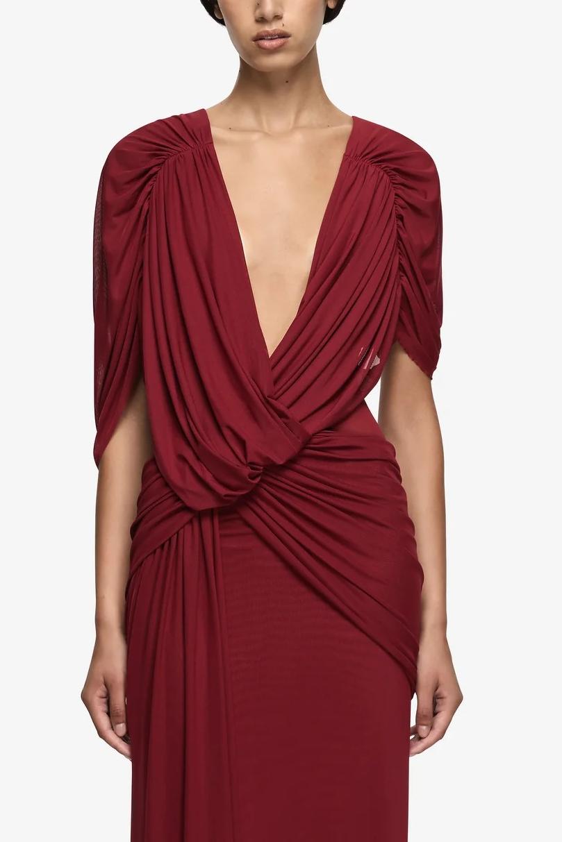 Solid V-Neck Ruched Maxi Dress