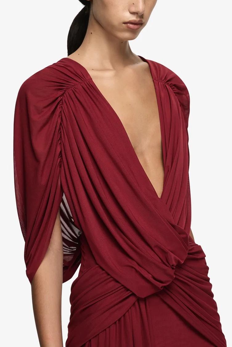 Solid V-Neck Ruched Maxi Dress