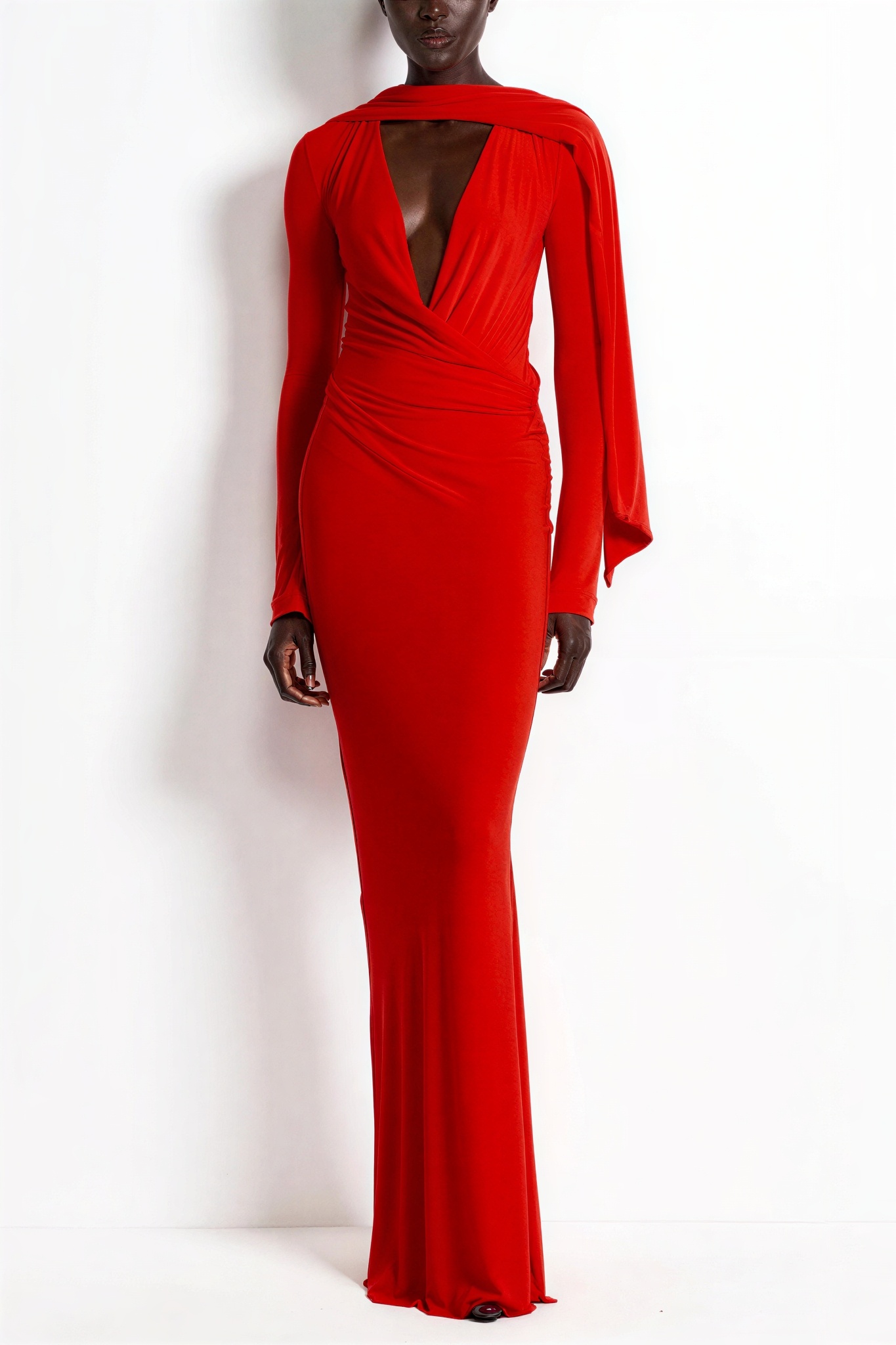 Solid V-Neck Gathering Maxi Dress