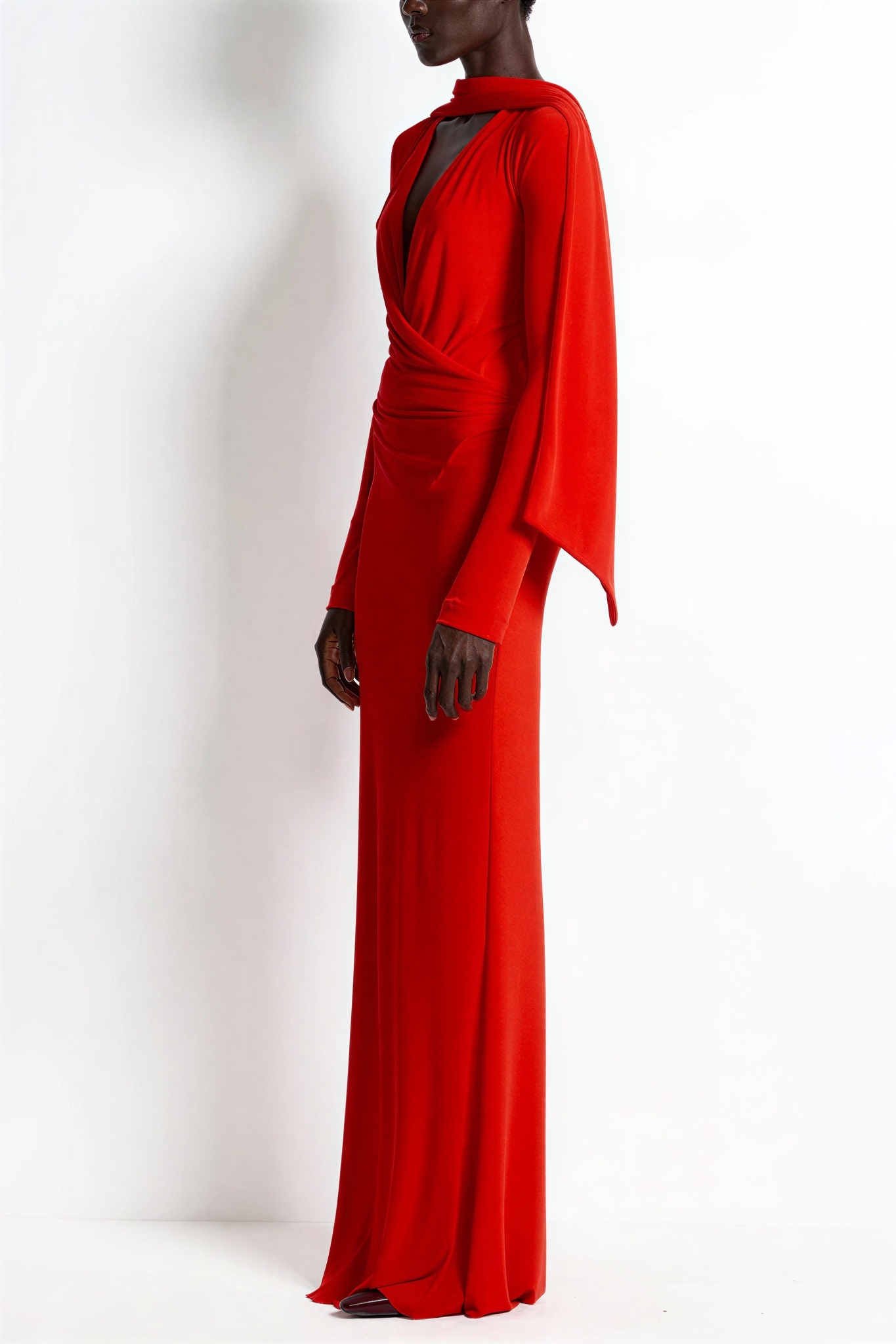 Solid V-Neck Gathering Maxi Dress