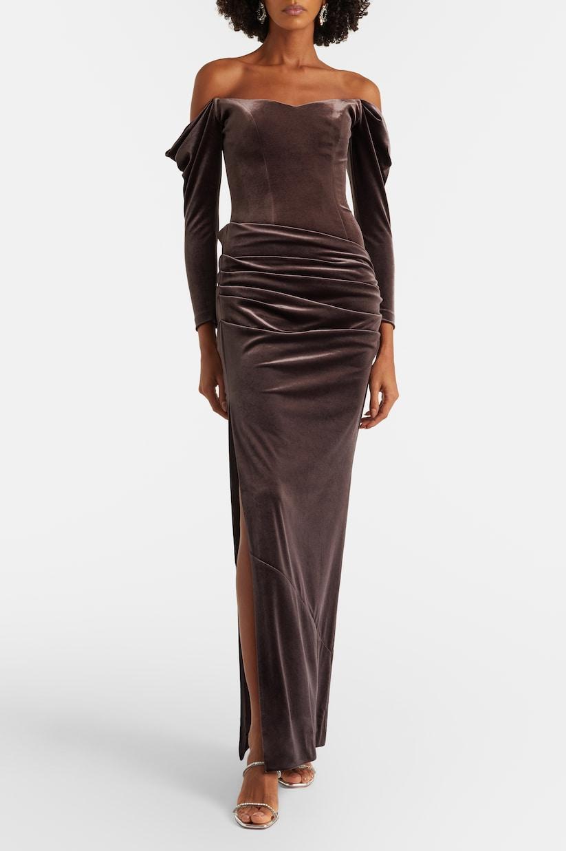 Velvet Off Shoulder Pleated Midi Dress