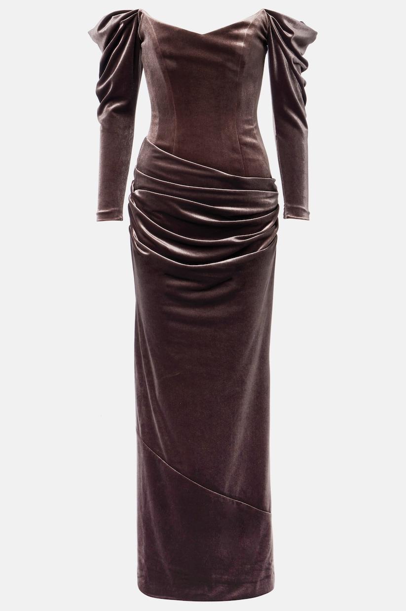 Velvet Off Shoulder Pleated Midi Dress