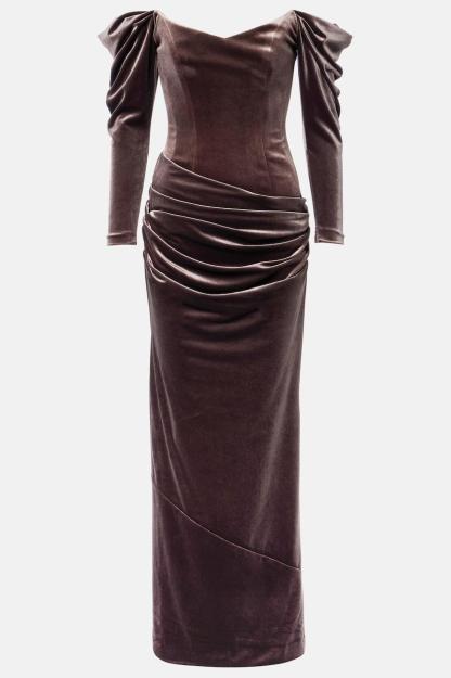 Velvet Off Shoulder Pleated Midi Dress